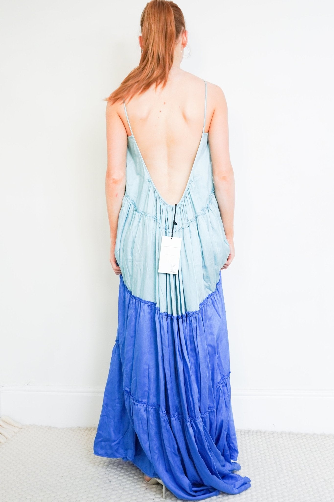 Kalita Two Tone Blue Sleeveless Tiered Dress back photo chelsea london