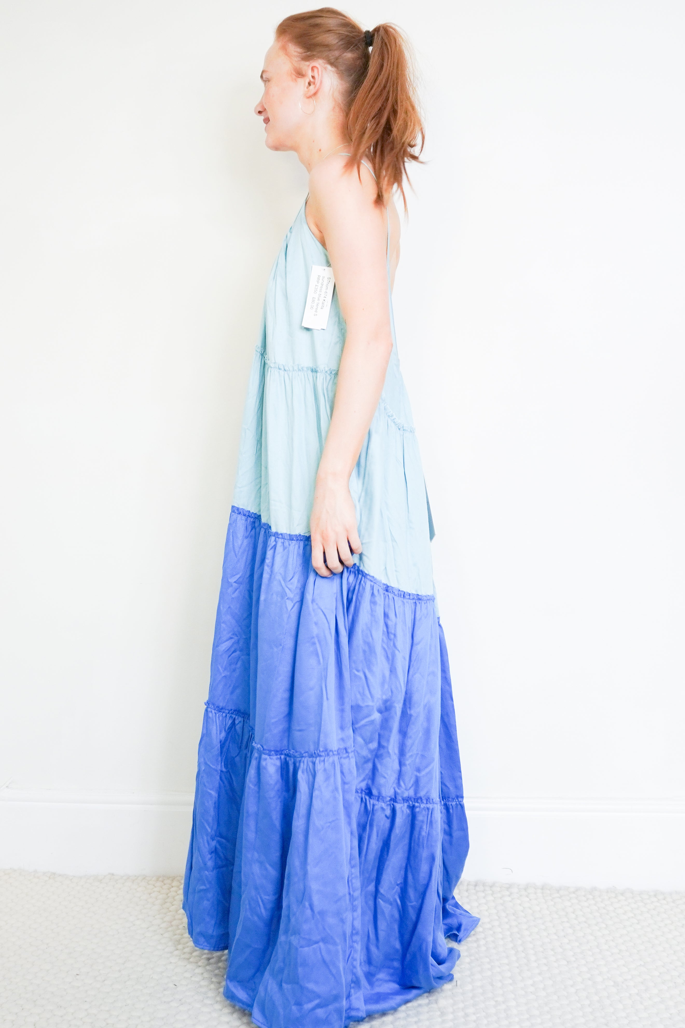 Kalita Two Tone Blue Sleeveless Tiered Dress side photo chelsea london