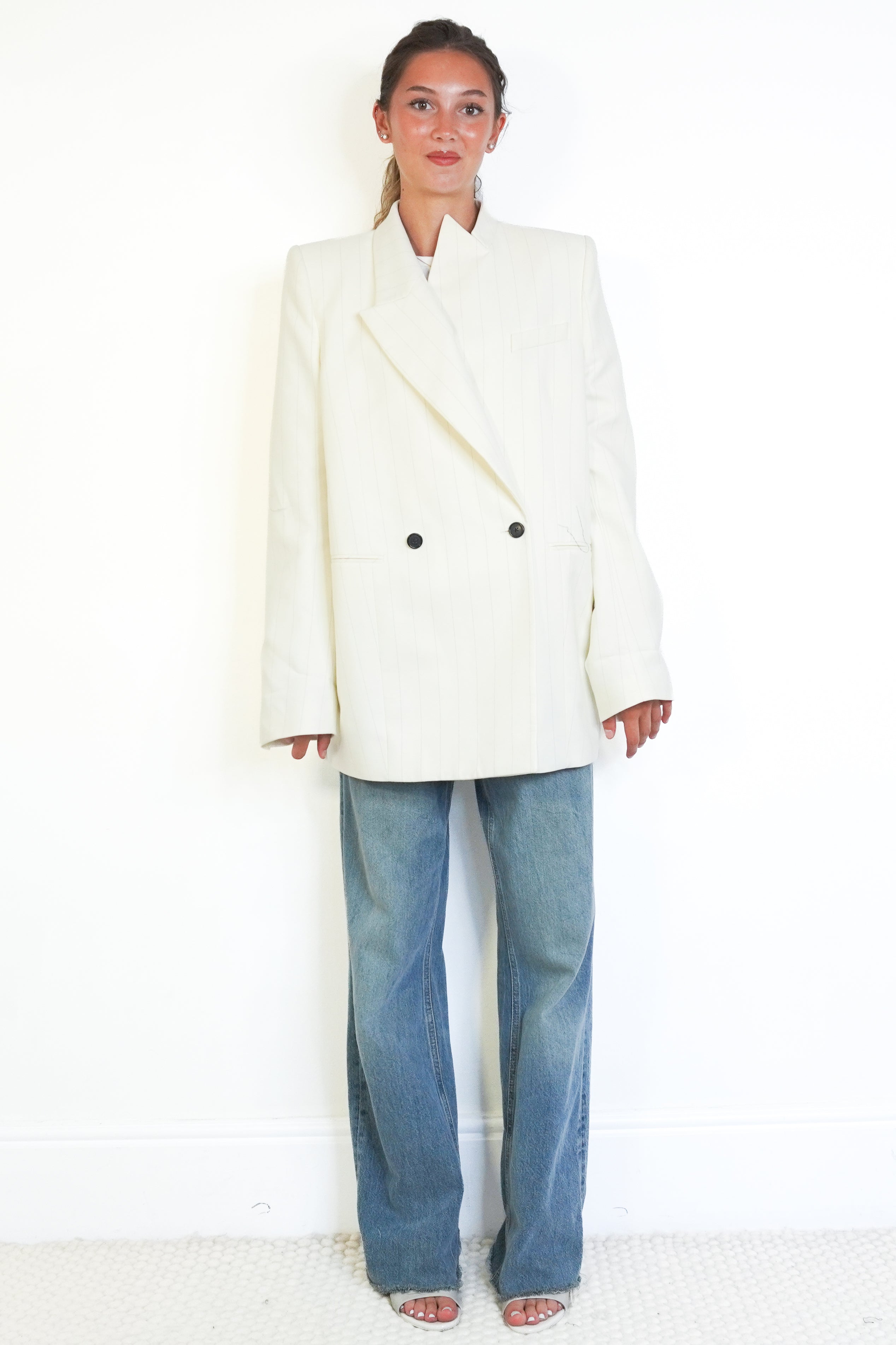 Khaite Malek Striped Cotton Tuxedo Jacket in Cream Black Stripe front photo chelsea london