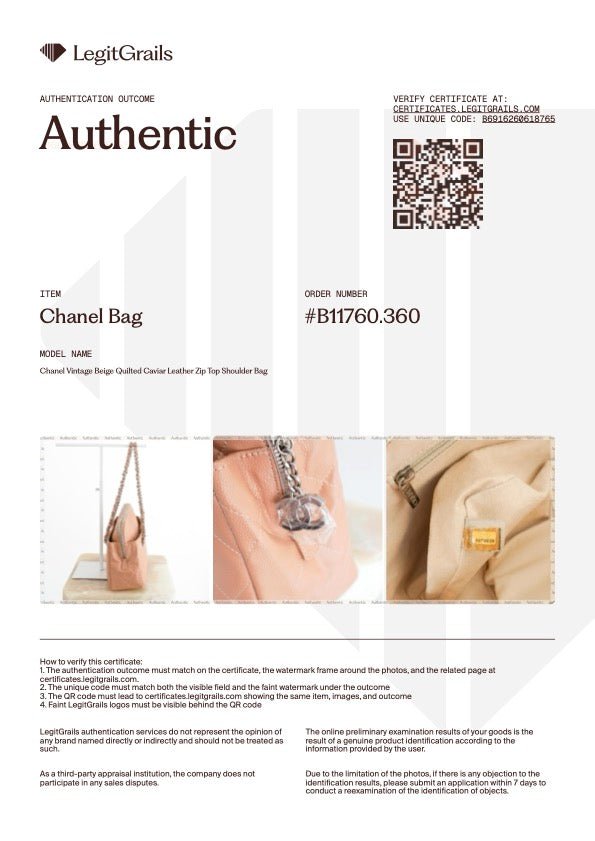 Chanel Beige Quilted Caviar Leather Zip Top Shoulder Bag | Authentic Preloved - Reloved Again