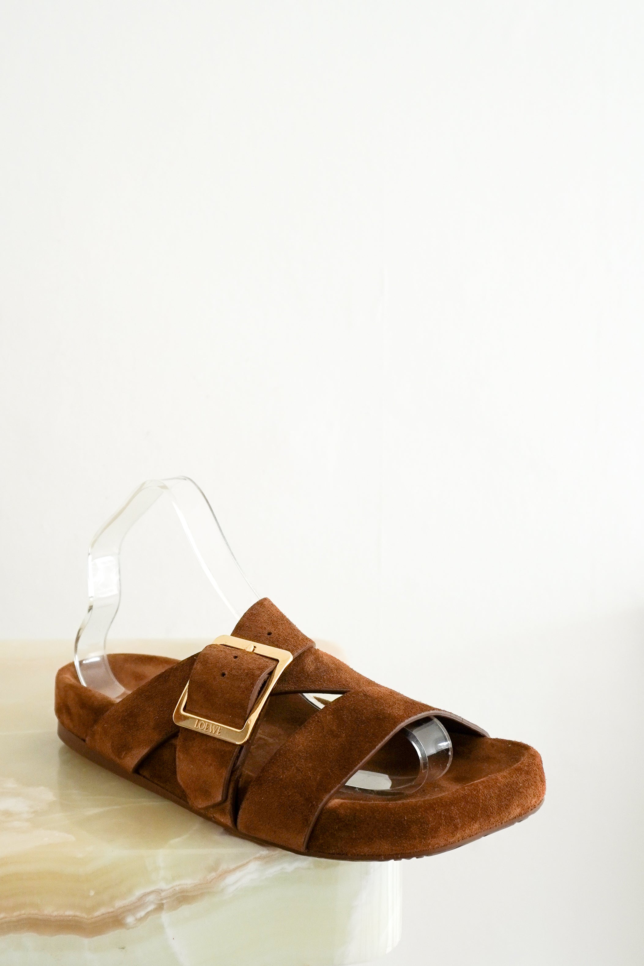 Loewe Ease Buckle Brown Suede Flat Sandals front photo chelsea london