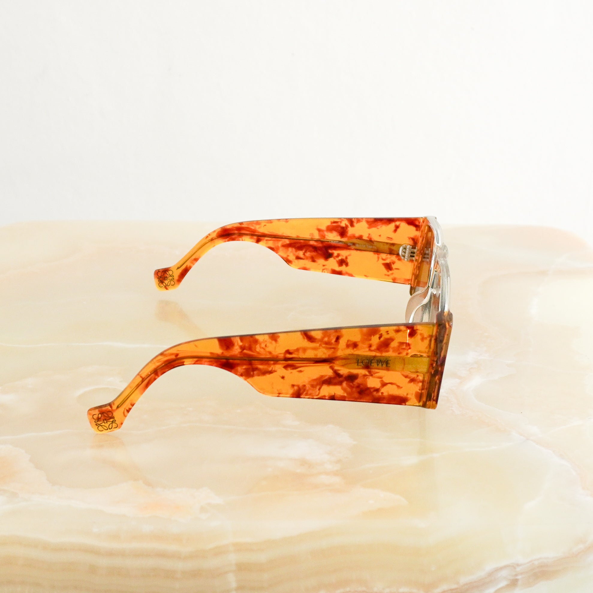 Loewe LW40026U 26F Translucent Amber Tortoiseshell Rectangular Sunglasses side photo chelsea london