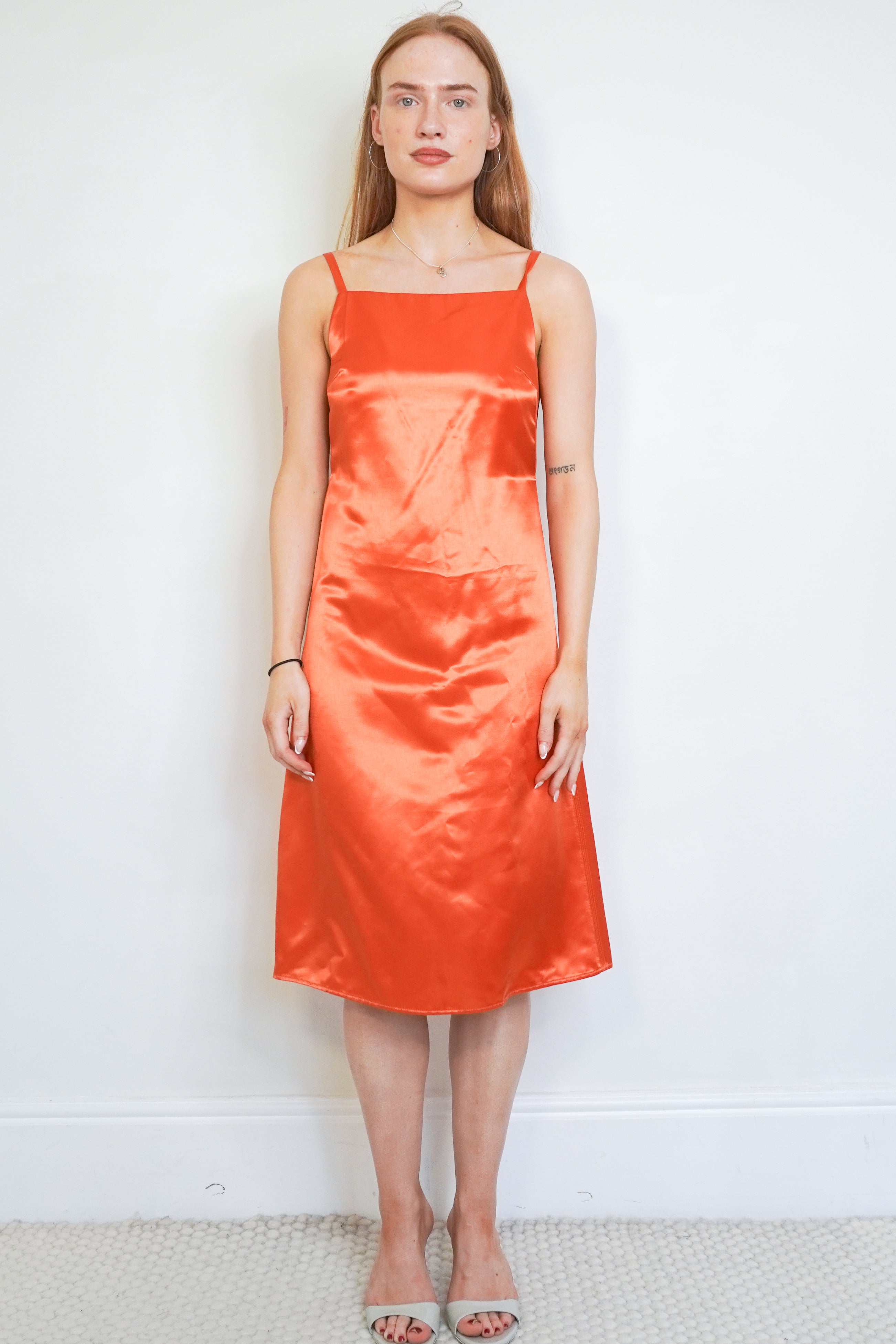 Loewe Orange Silk-Panelled Satin Dress front photo chelsea london