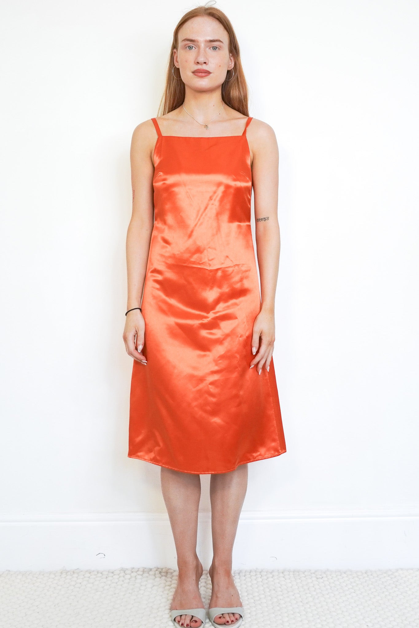 Loewe_Orange_Silk-Panelled_Satin_Dress_front_photo_chelsea_london
