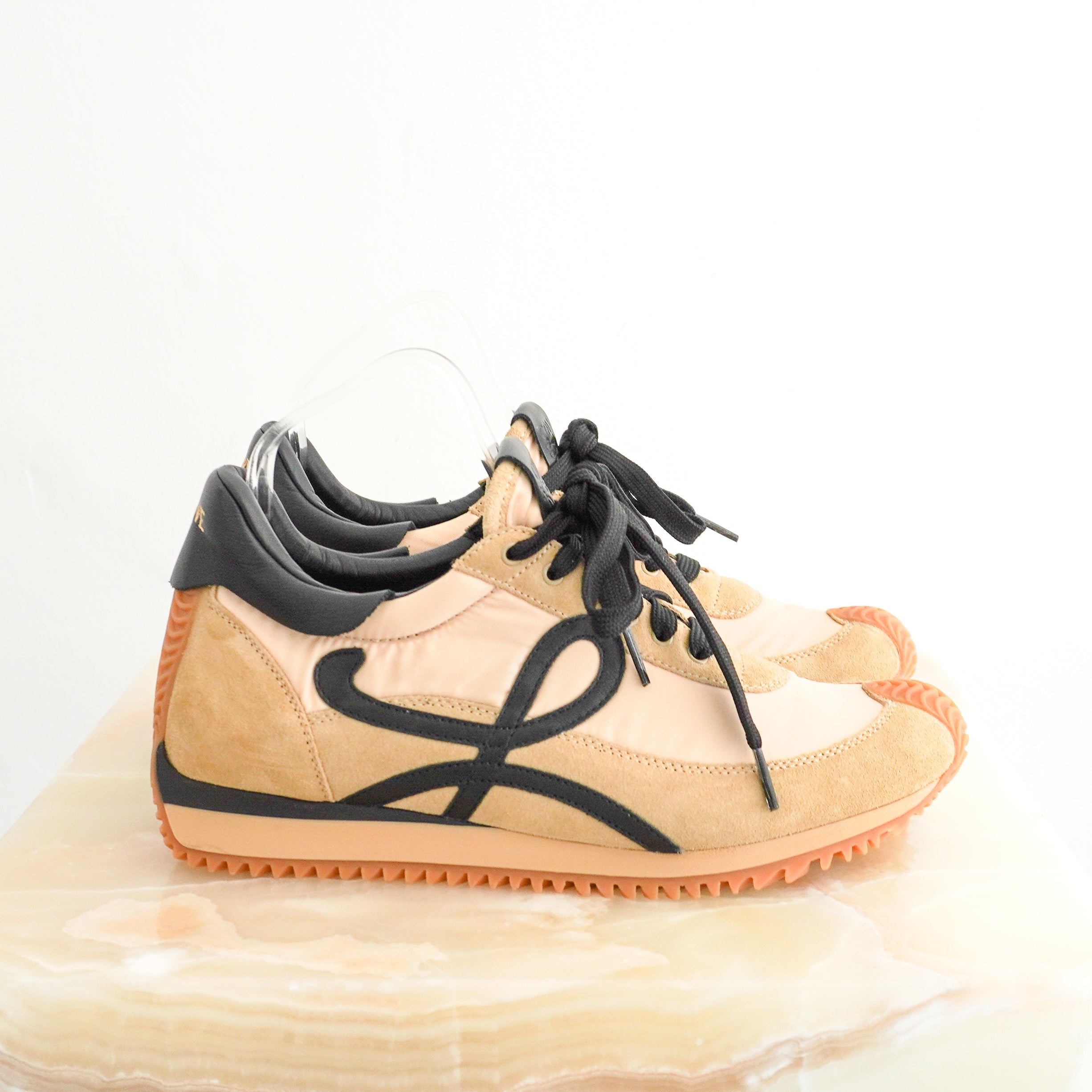 Loewe Tan Flow Runner Suede Anagram Sneakers side photo chelsea london