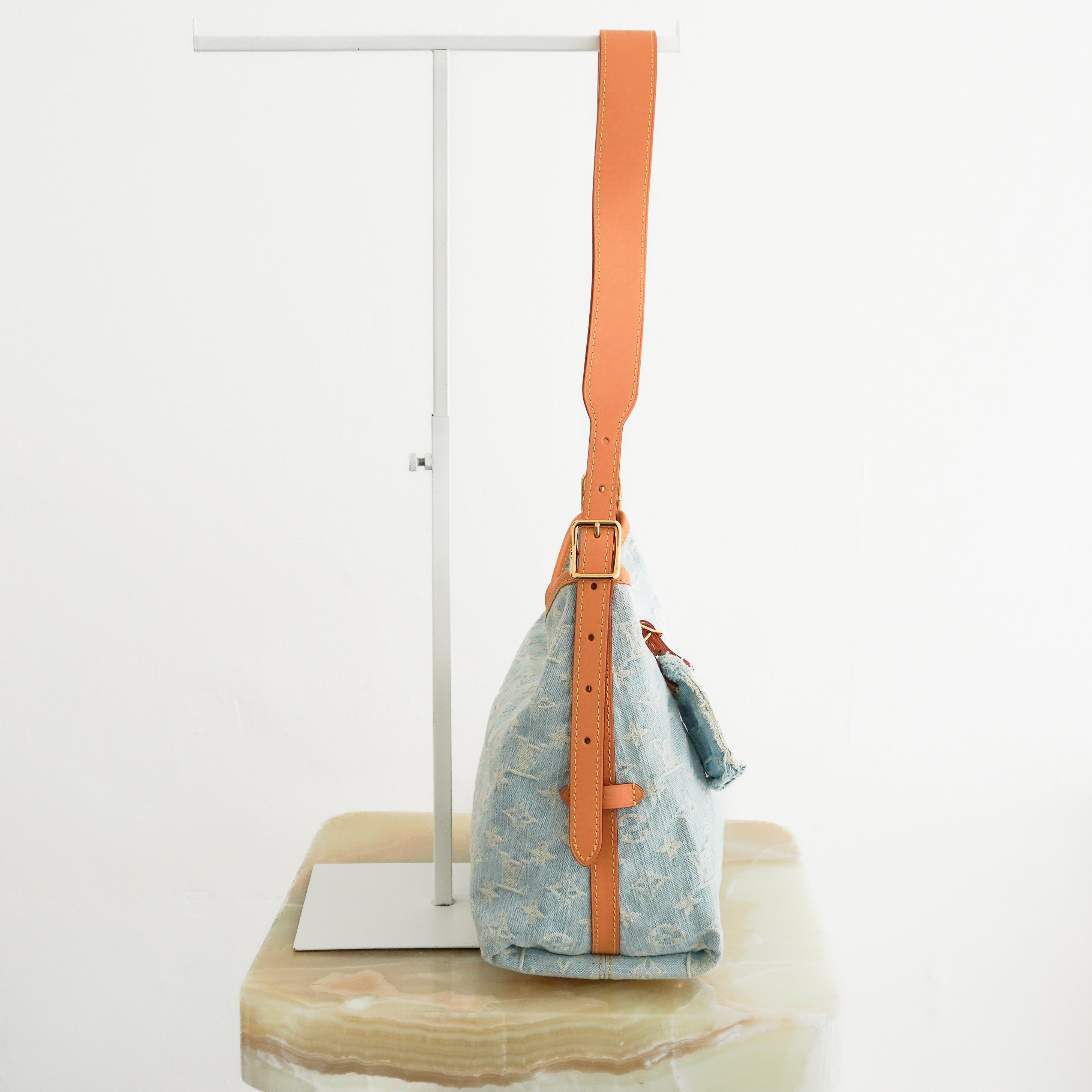 Louis Vuitton CarryAll PM Sky Blue Monogram Denim Shoulder Bag side photo chelsea london
