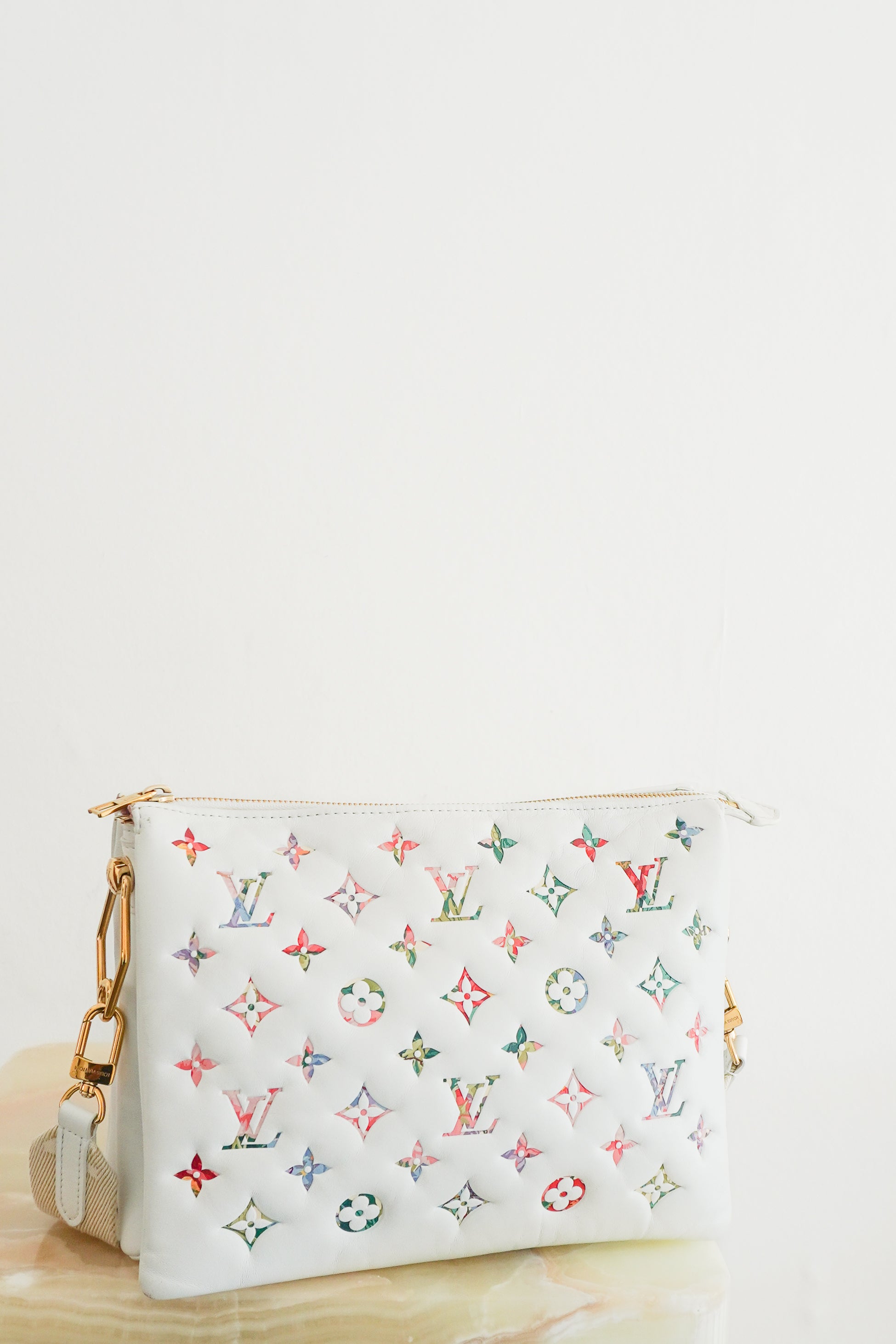 Louis Vuitton Coussin PM Monogram Floral White Leather Bag  front photo chelsea london