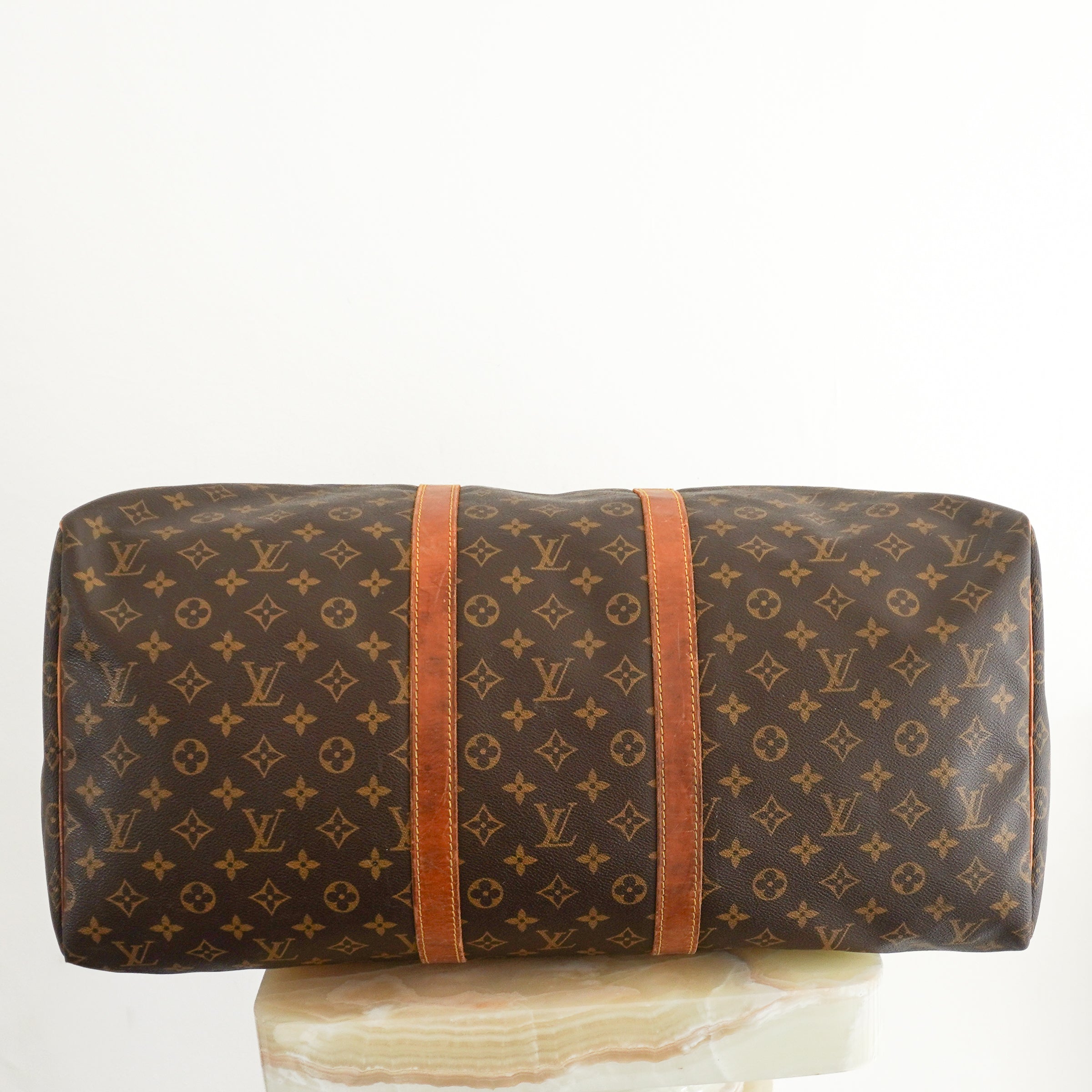 Louis Vuitton Keepall Bandoulière 55 in Brown Monogram Canvas with Vachetta Leather bottom photo chelsea london
