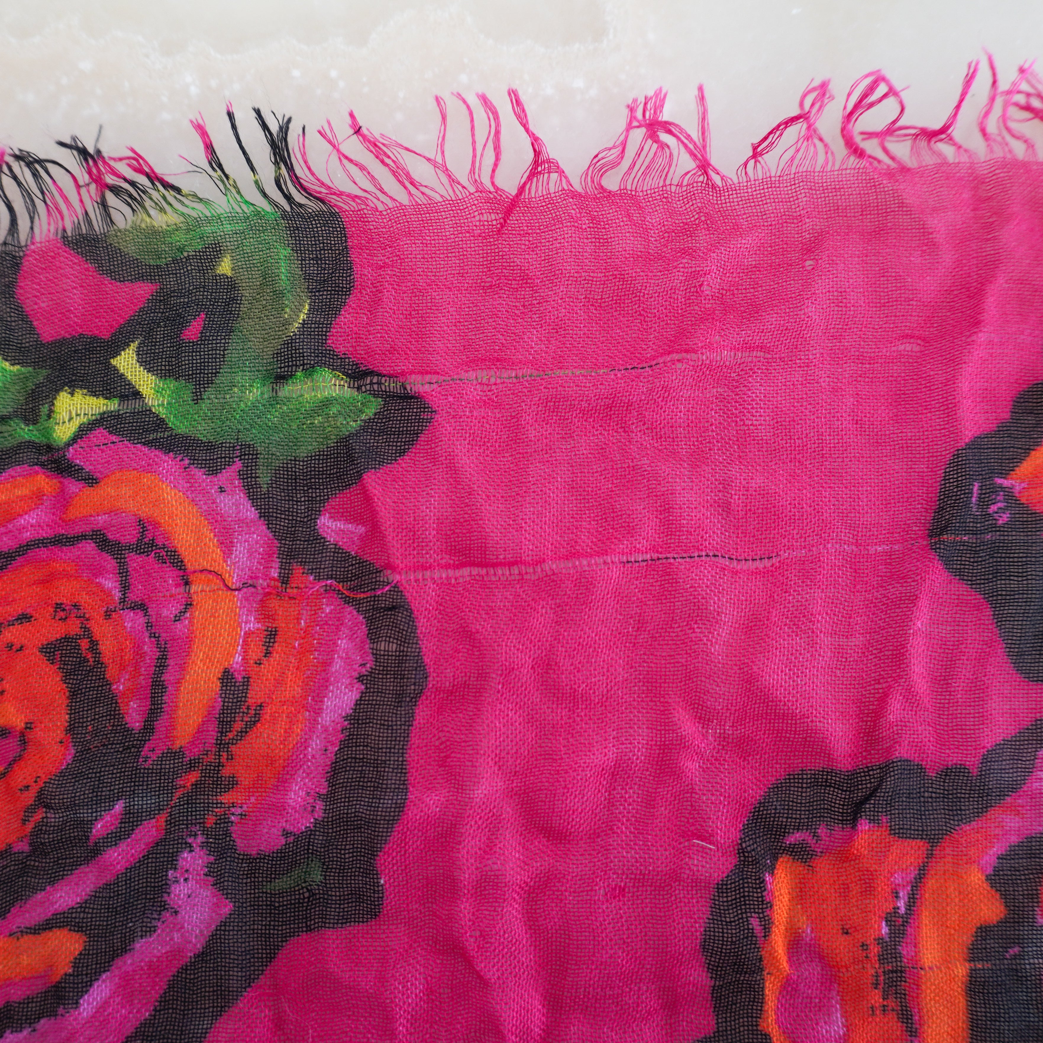 Louis Vuitton x Stephen Sprouse Roses Stole in Fuchsia Pink edge photo chelsea london