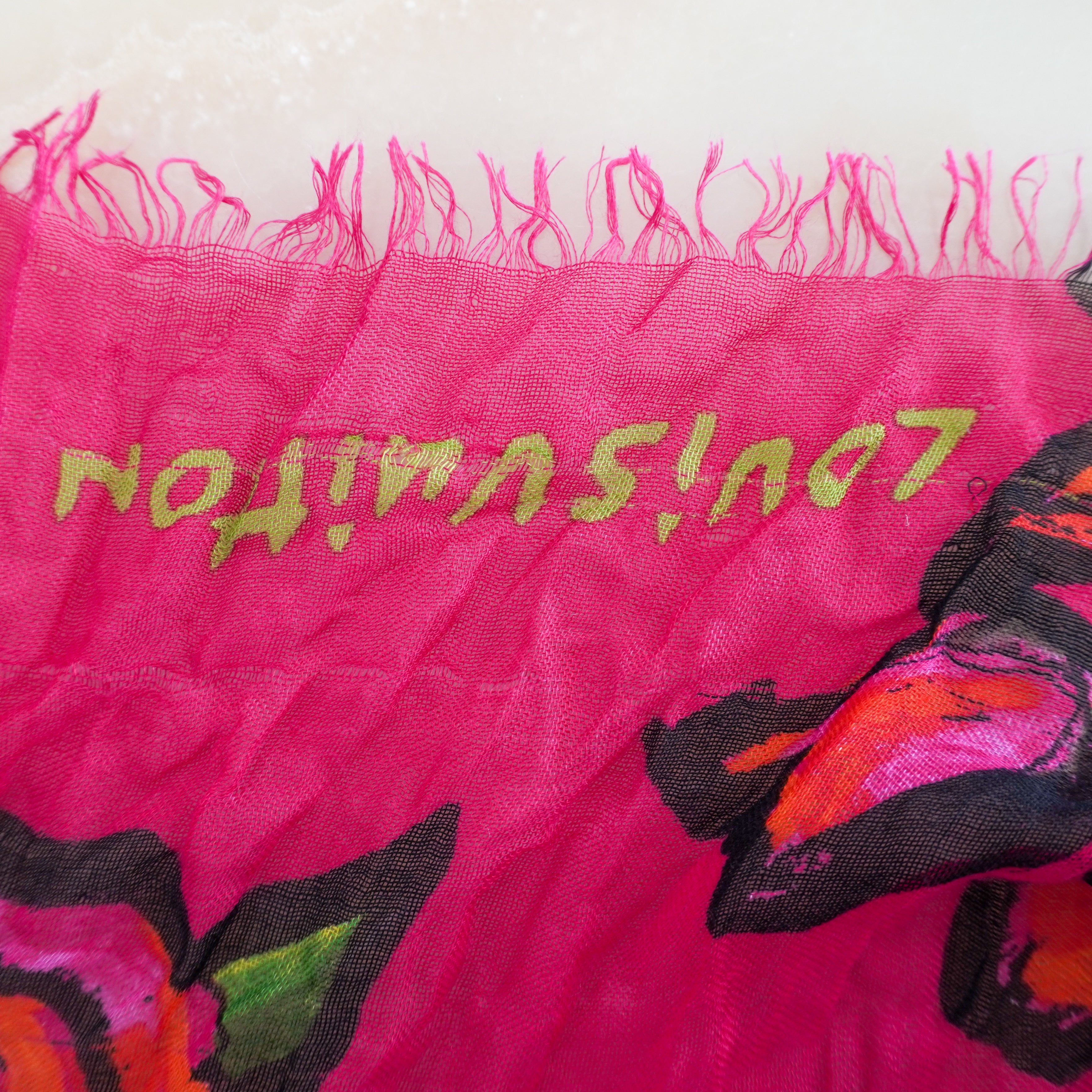 Louis Vuitton x Stephen Sprouse Roses Stole in Fuchsia Pink signature photo chelsea london