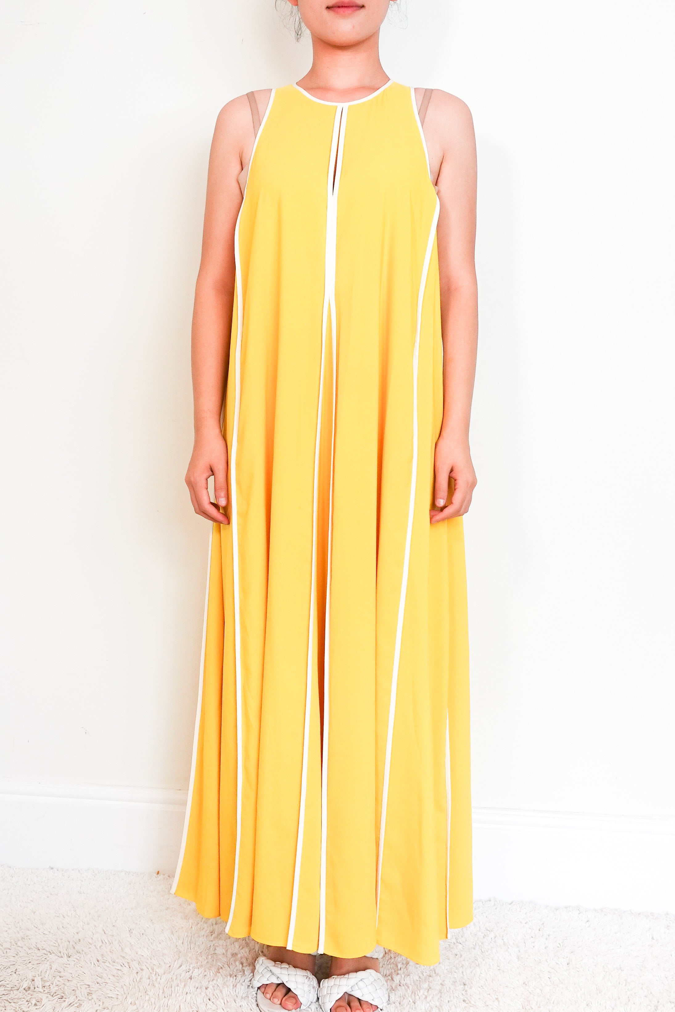 ME-EM-Yellow-Sleeveless-maxi-dress-with-white-stripes-front-picture