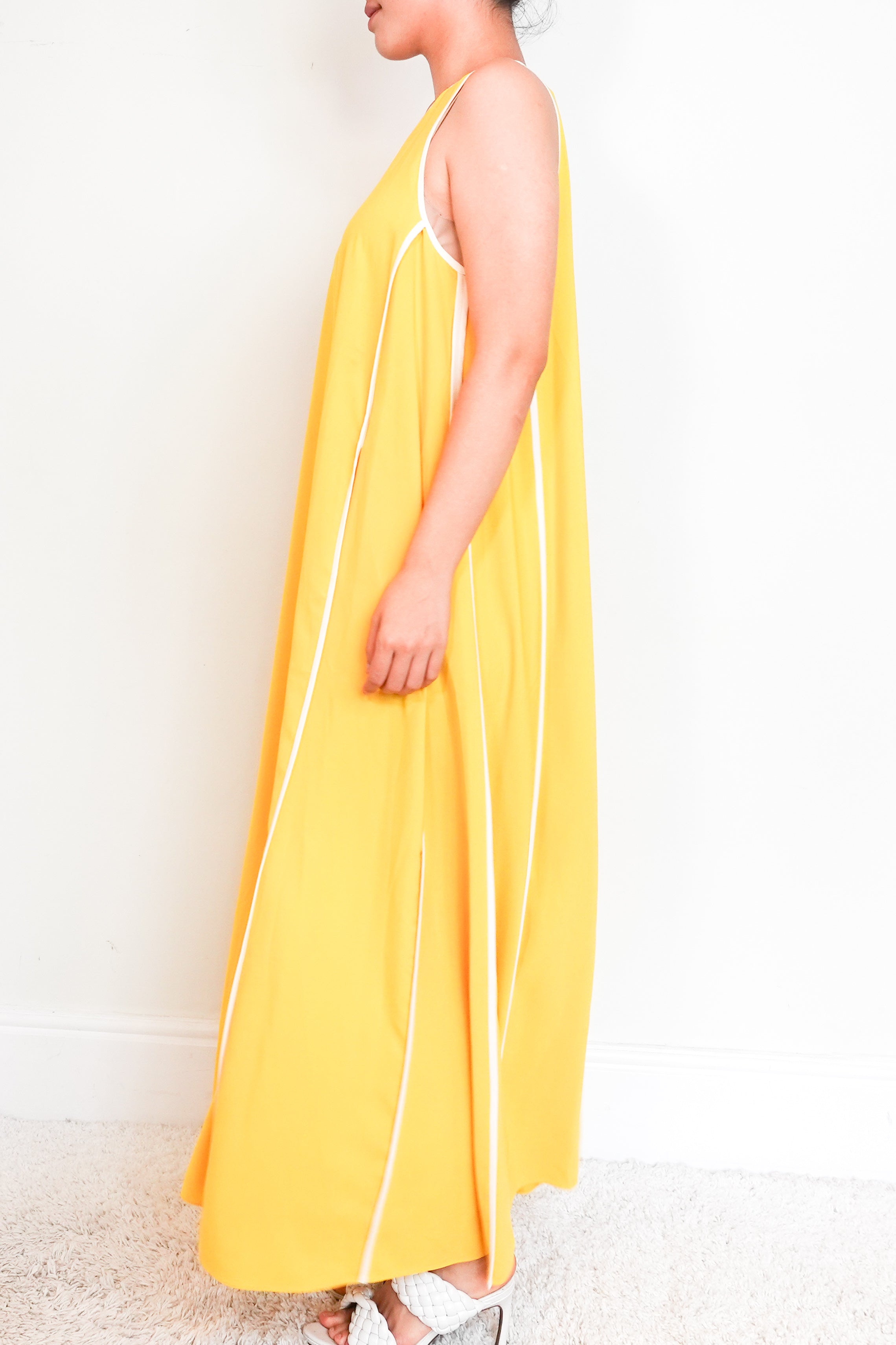 ME-EM-Yellow-Sleeveless-maxi-dress-with-white-stripes-side-picture
