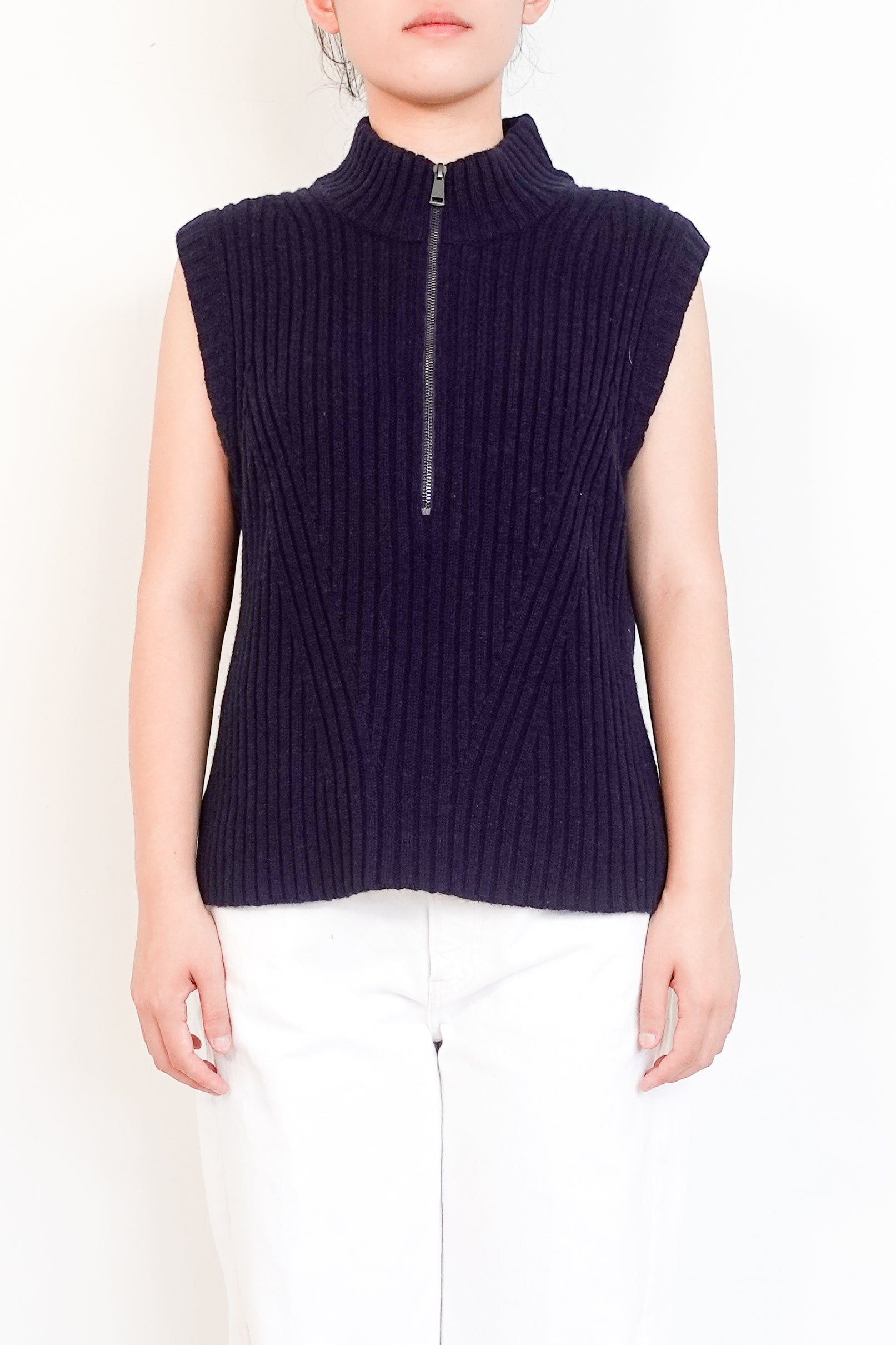 ME+EM-Warm-Wool-Sleeveless-Quarter-Zip-Jumper-in-navy- front-picture