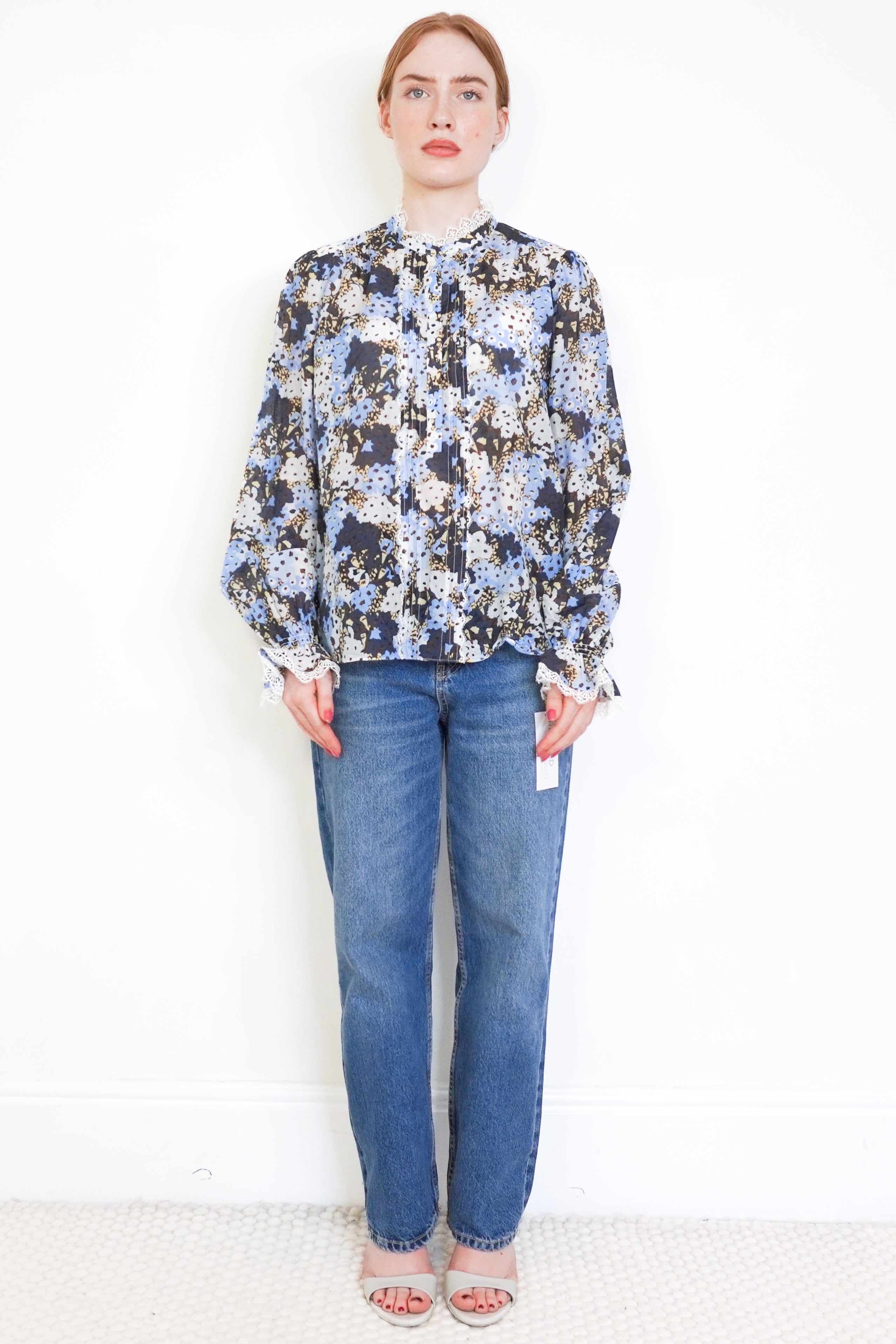 ME+EM Blue Frill Floral Blouse front photo chelsea london