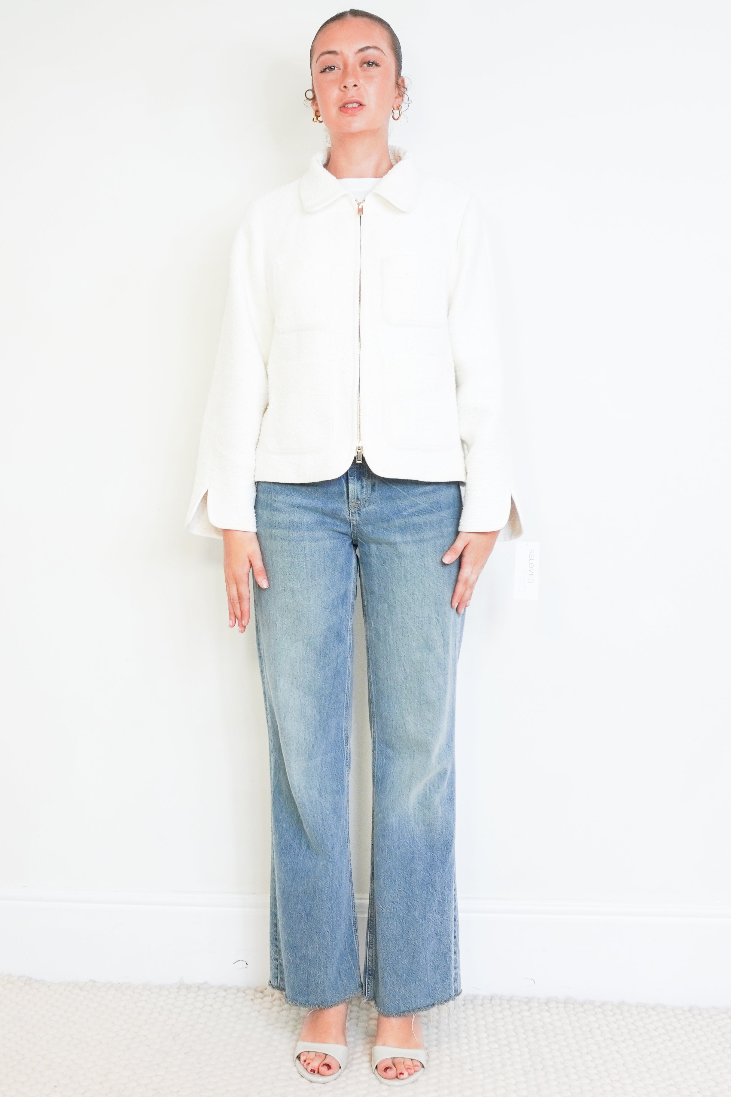 front photo of a ME + EM White Boucle Zipped Jacket
