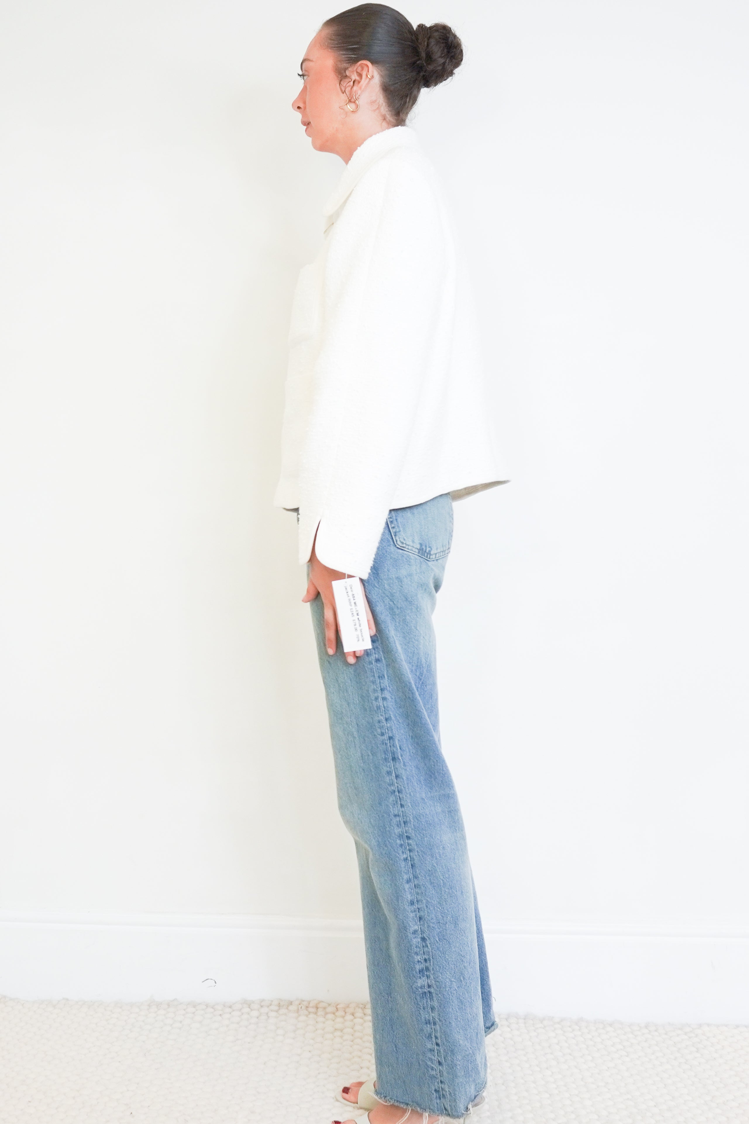 side photo of a ME + EM White Boucle Zipped Jacket