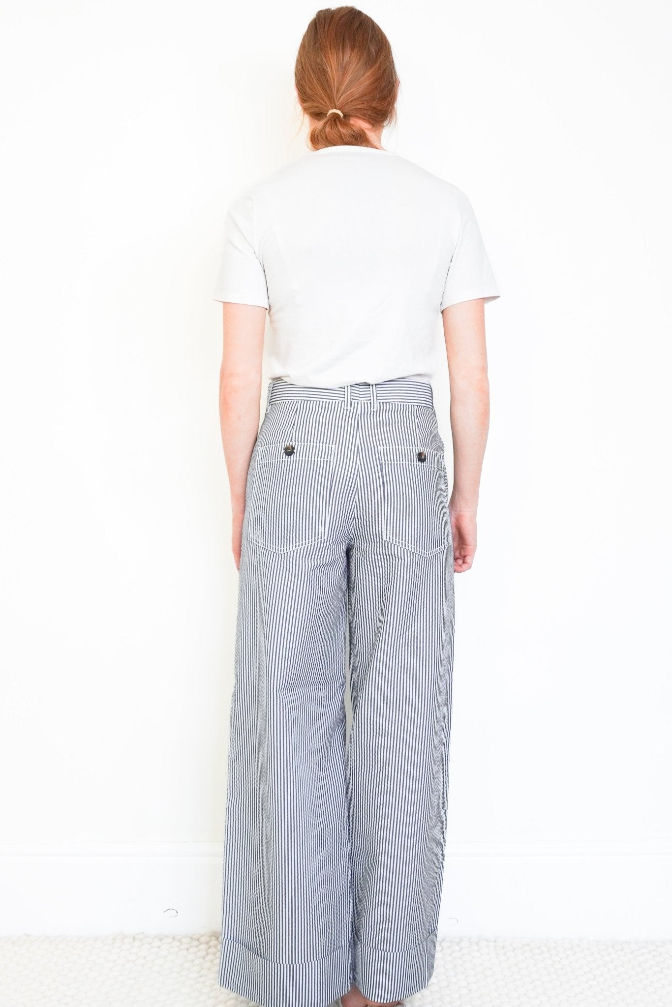 ME+EM White and Blue Pinstripe Trousers (RRP £350) | Authentic Preloved - Reloved Again