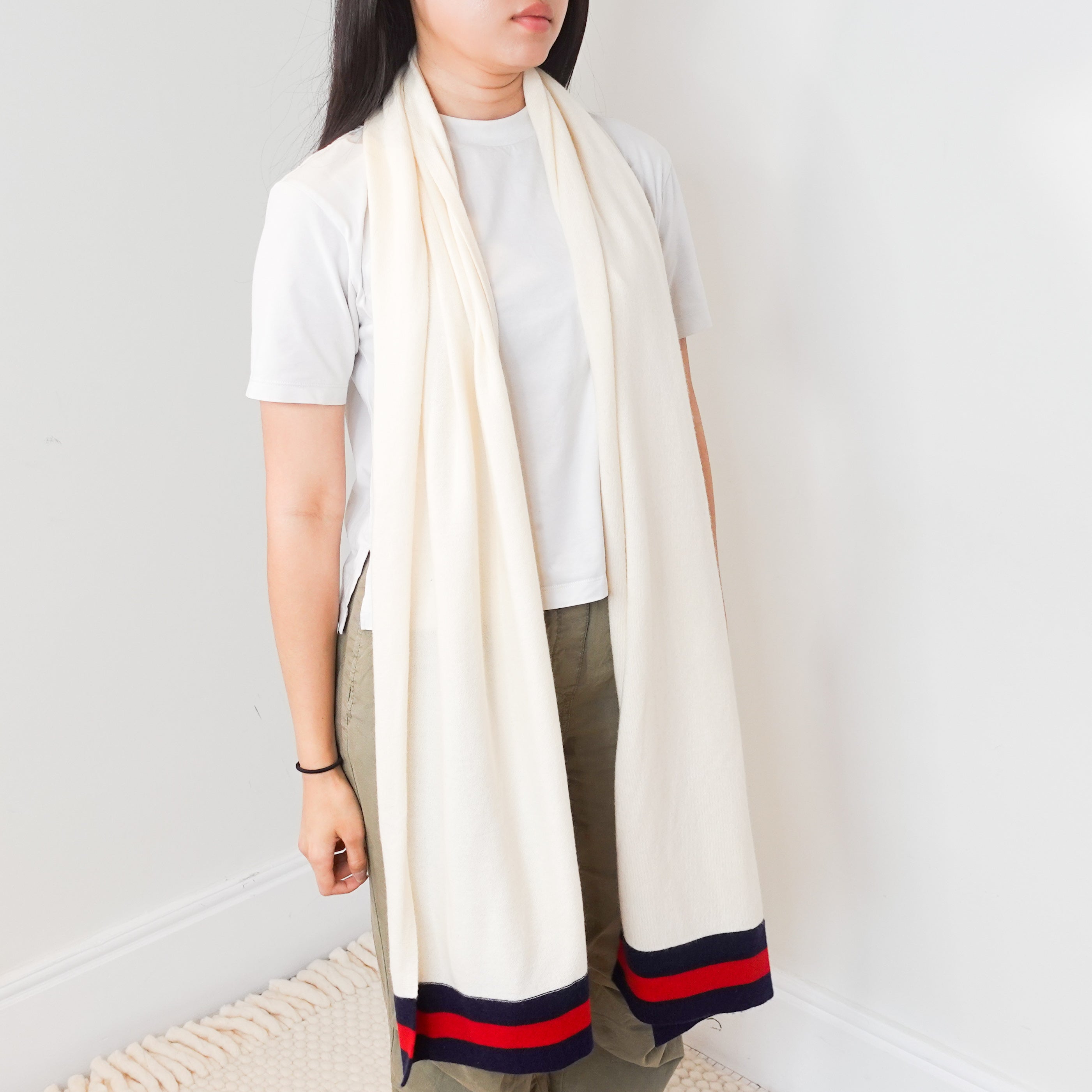 Madeleine-Thompson-Cream-and-Stripe-Scarf-model-picture-Chelsea-London