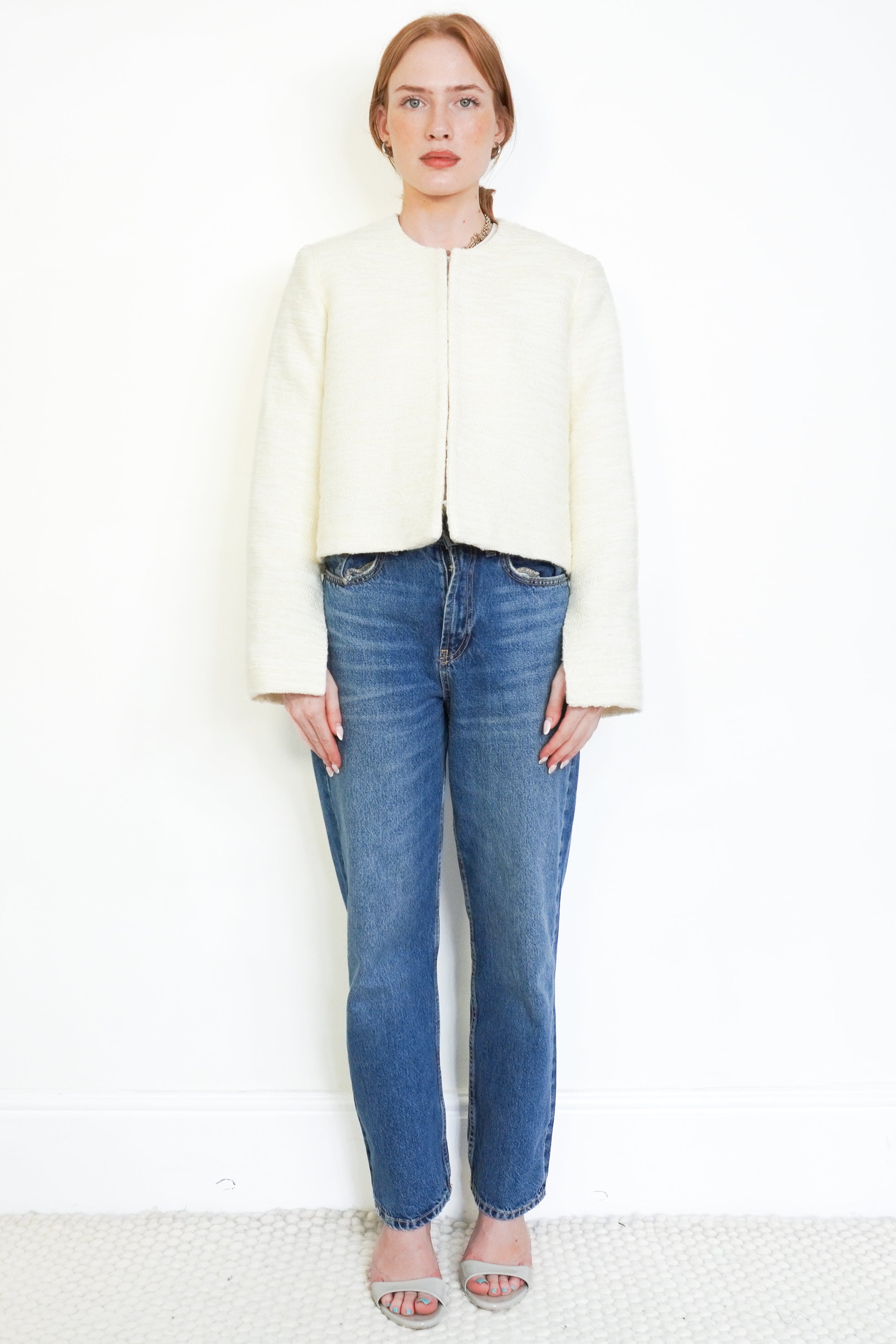 Malina Ruthie Cropped Bouclé Blazer in Vanilla front photo chelsea london