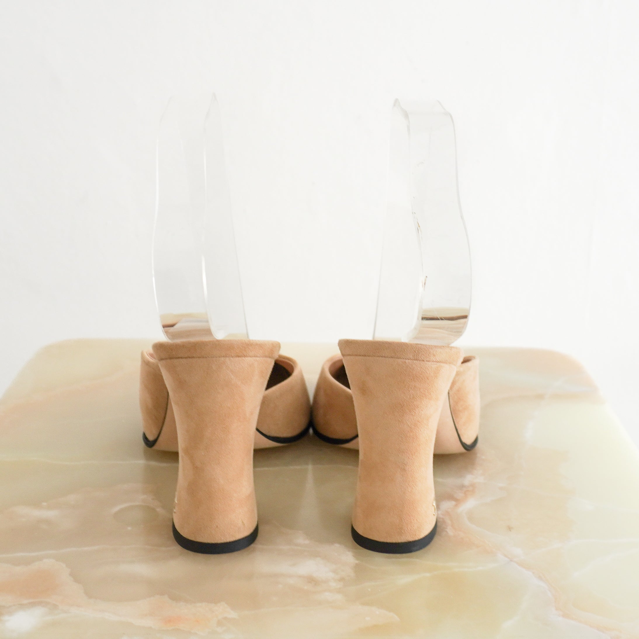 Mattieu Blazy Chanel Beige Suede &amp; Black Patent Cap-Toe CC Mules back photo chelsea london
