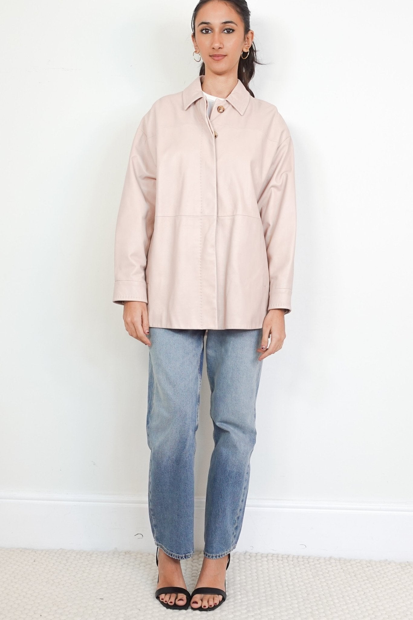 Max Mara Baby Pink Long Line Leather Jacket RRP £1000 | Authentic Preloved - Reloved Again