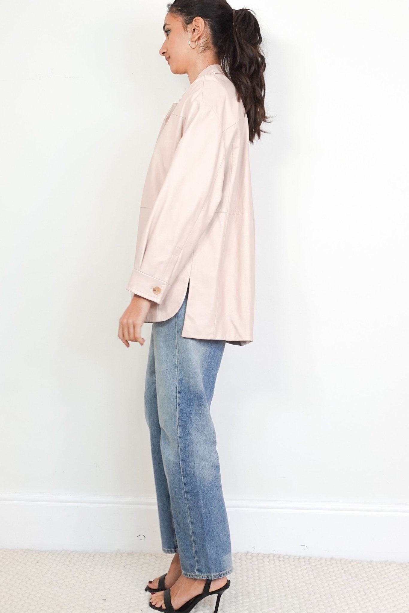 Max Mara Baby Pink Long Line Leather Jacket RRP £1000 | Authentic Preloved - Reloved Again