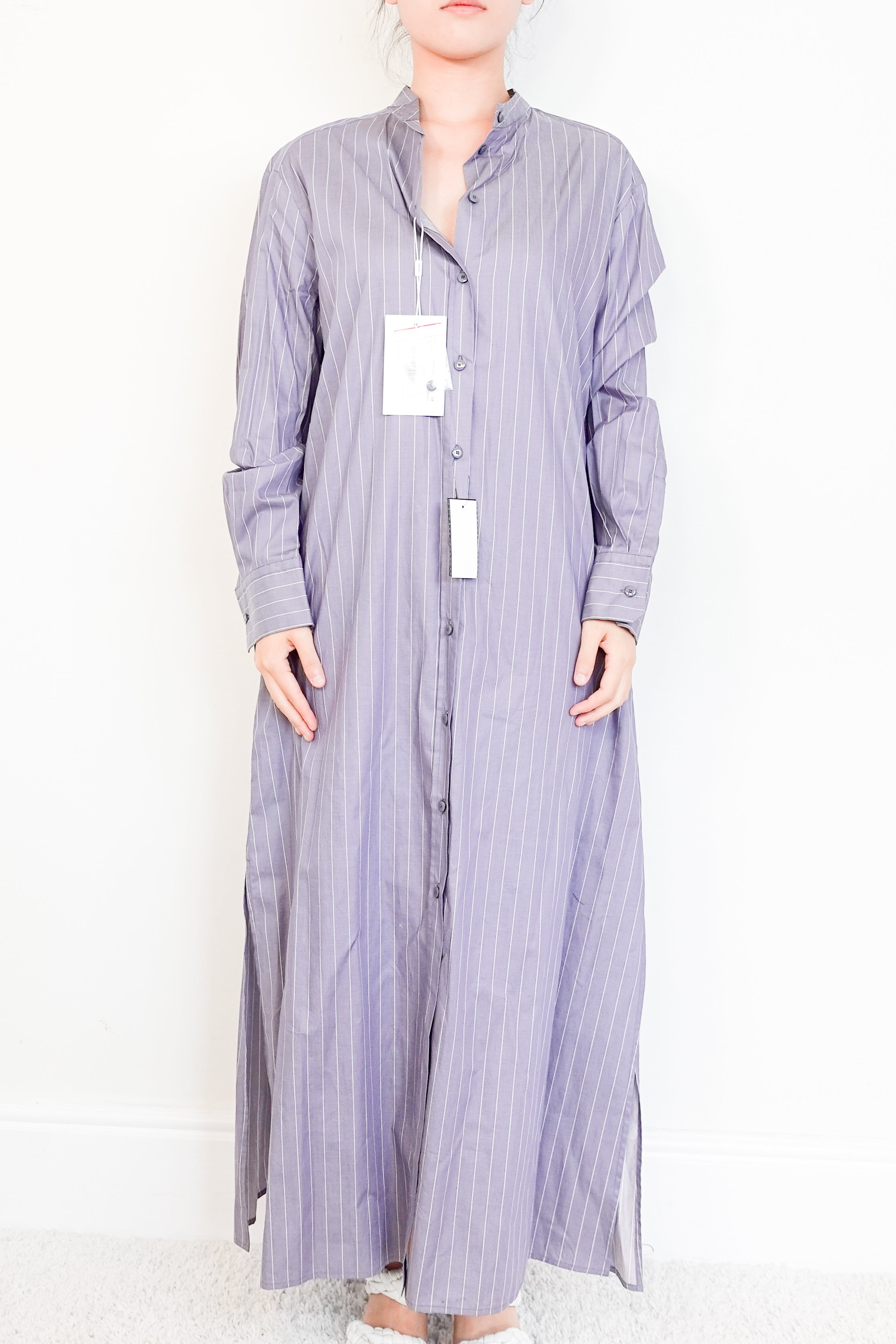 Max Mara Grey Maxi Shirt Dress with White Stripes RRP £250 | Authentic Preloved