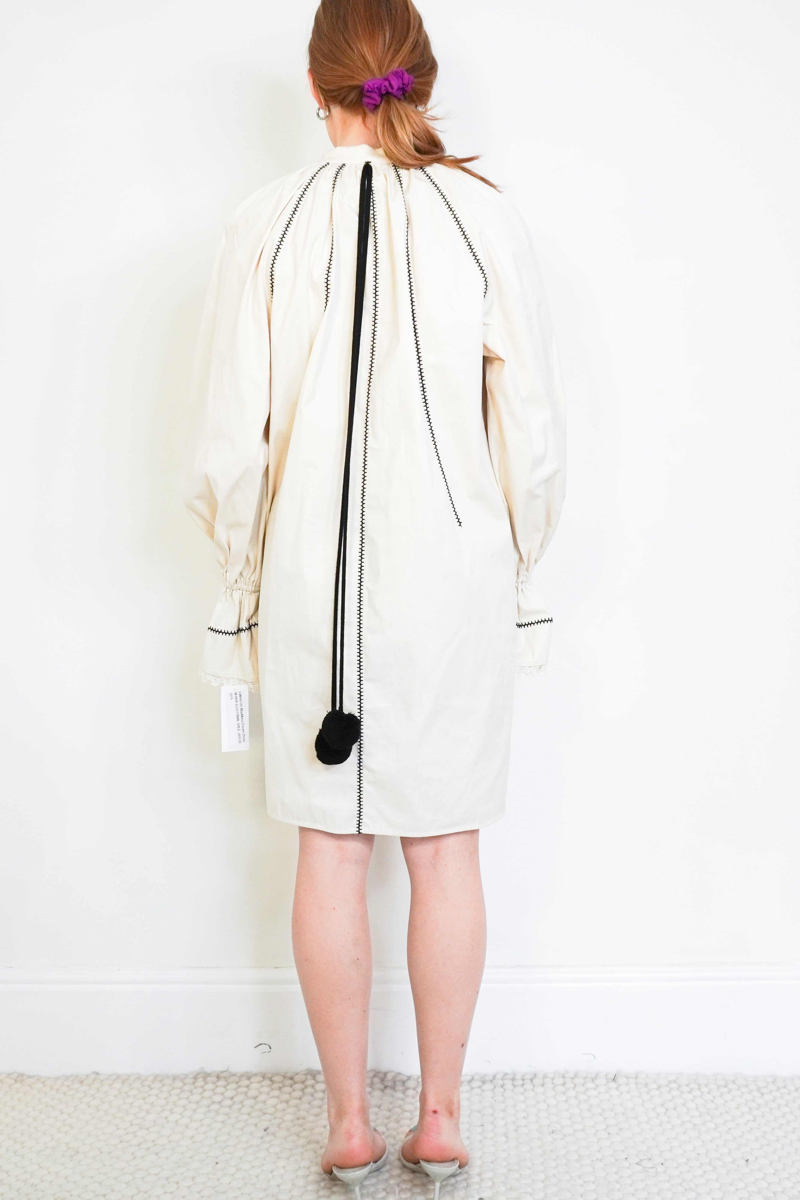 Max Mara Cream Embroidered Pom-Pom Tie Mini Dress back photo chelsea london