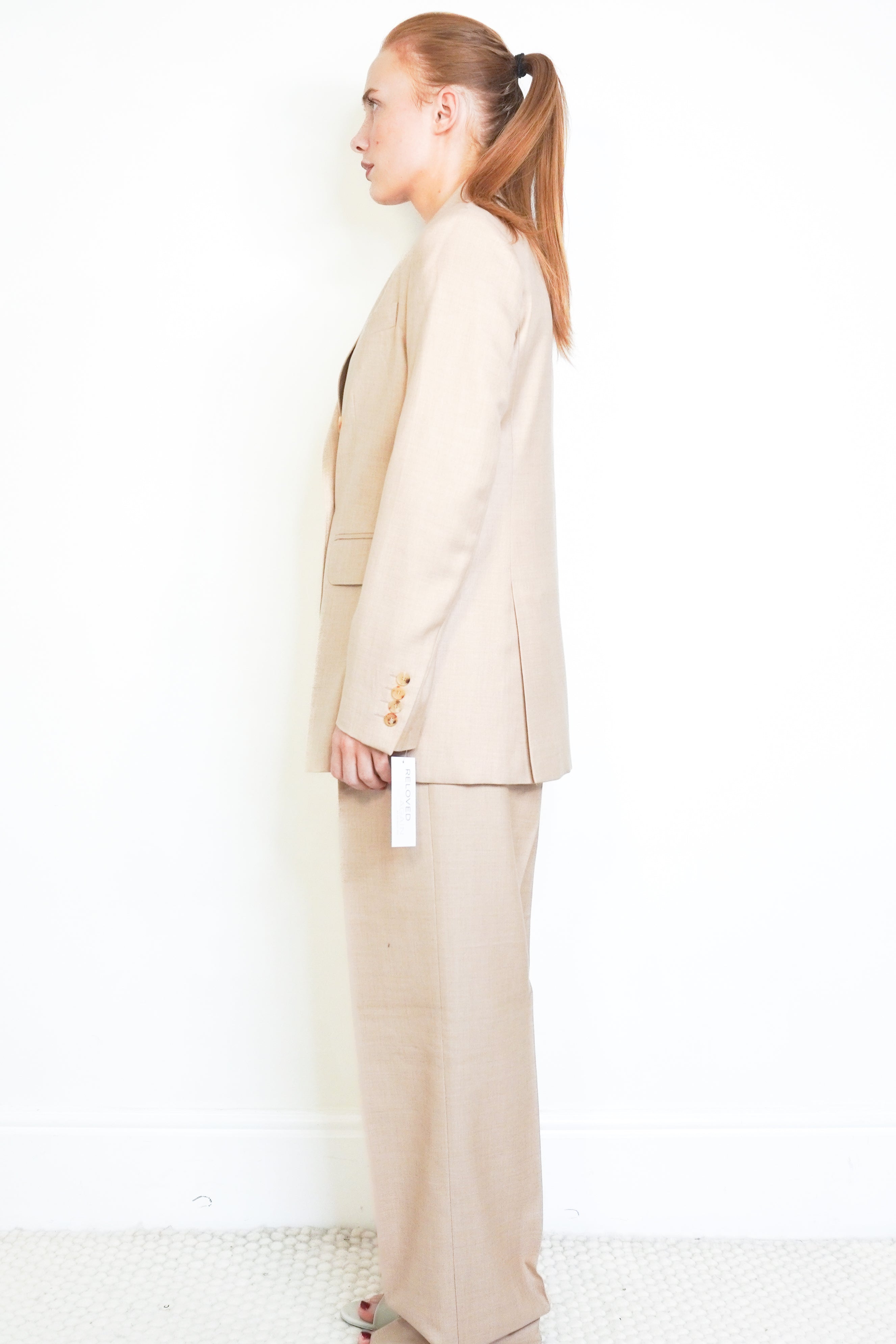 Max Mara Lamine Biscuit Camel Hair and Silk Trouser Suit side photo chelsea london