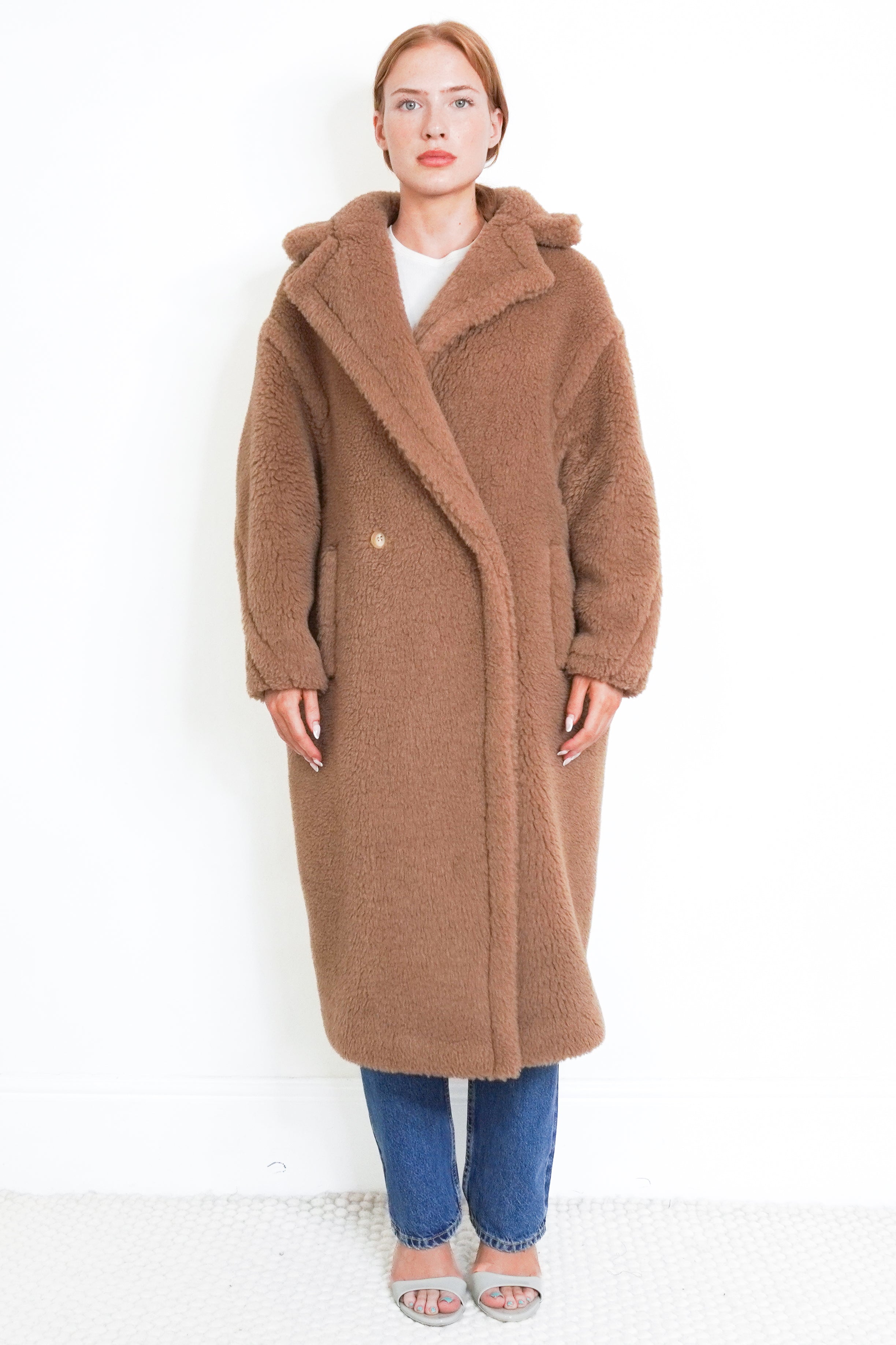 Max Mara Studio Teddy Bear Coat – Camel front photo chelsea london