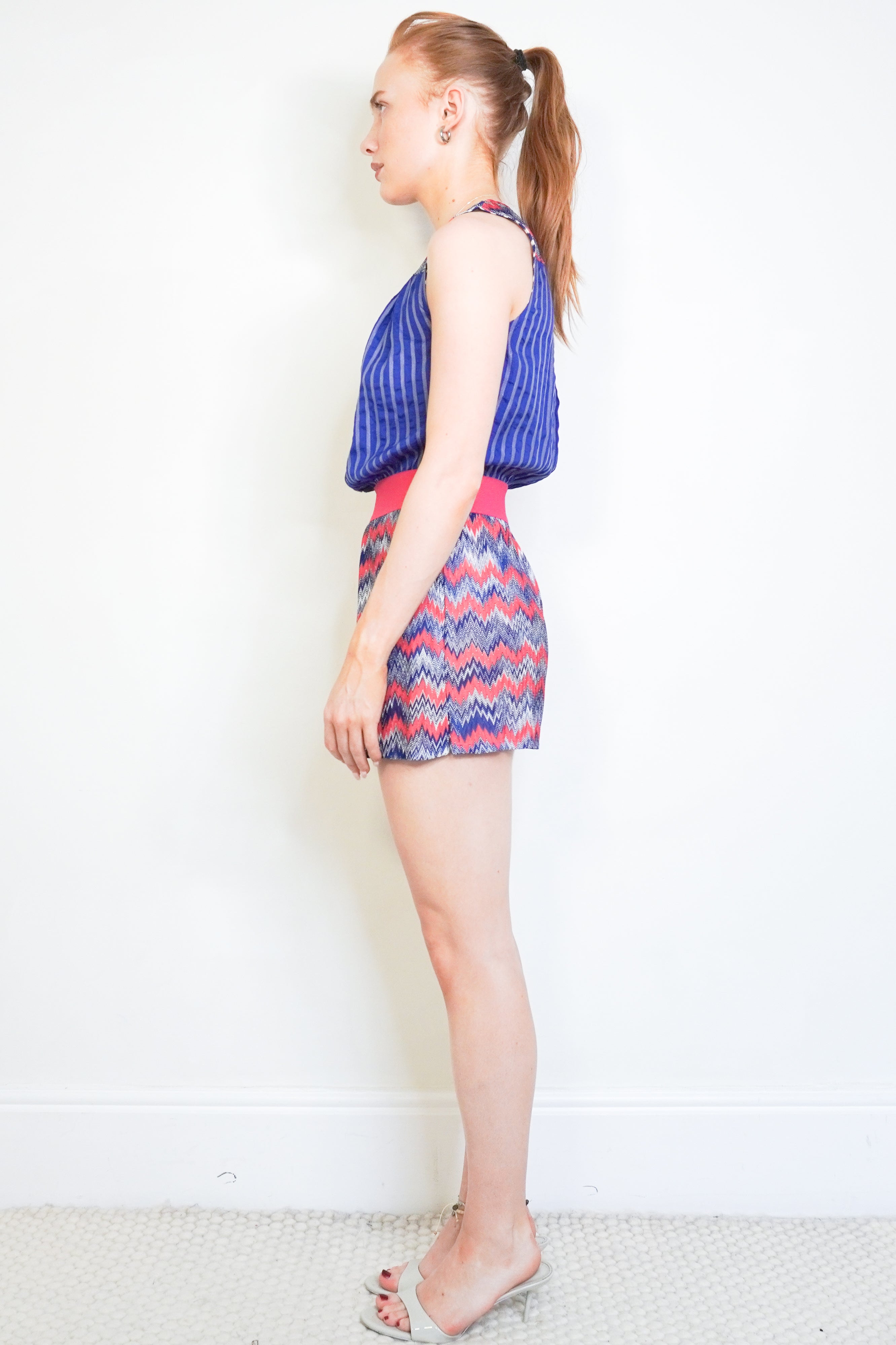 Missoni Blue & Pink Zigzag Stripe Silk Blend Playsuit side photo chelsea london