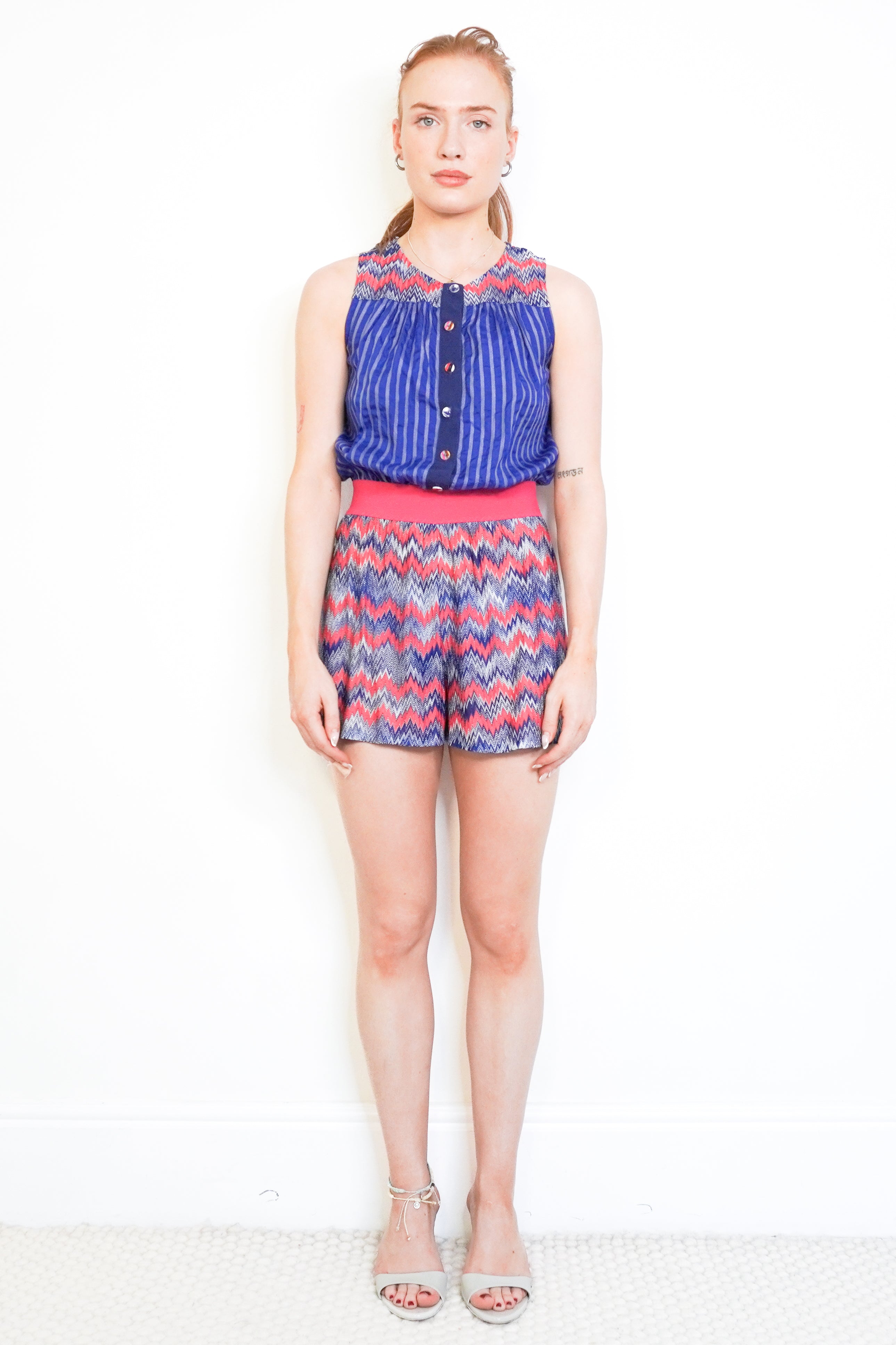 Missoni Blue &amp; Pink Zigzag Stripe Silk Blend Playsuit front photo chelsea london