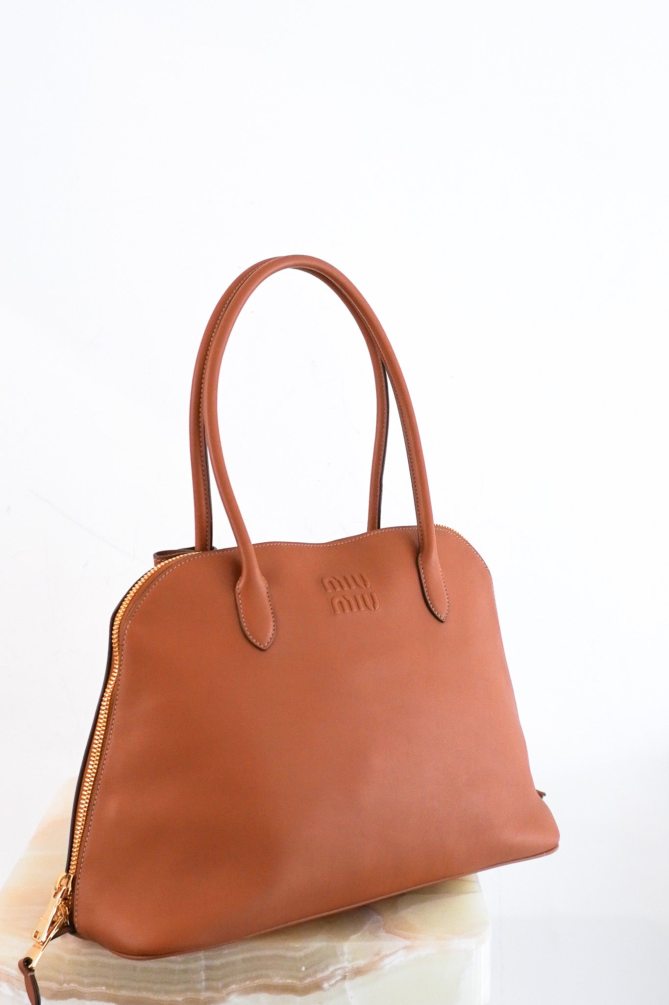 Miu Miu Logo Embossed Shoulder Bag in Camel Brown RRP £3600 | Authentic Preloved - Reloved Again