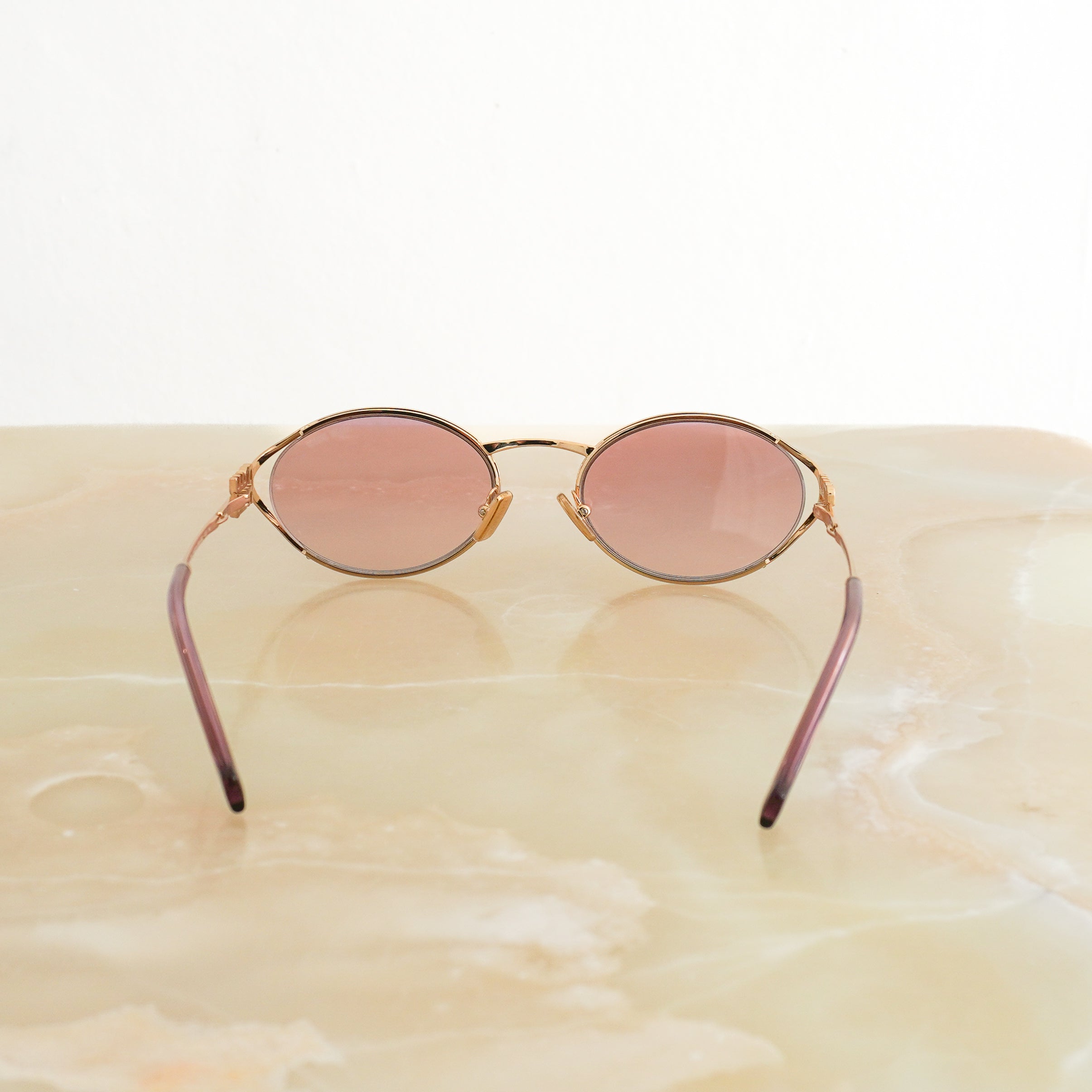 Miu Miu Logo Oval Pink & Gold Metal Sunglasses SMU52Y back photo chelsea london