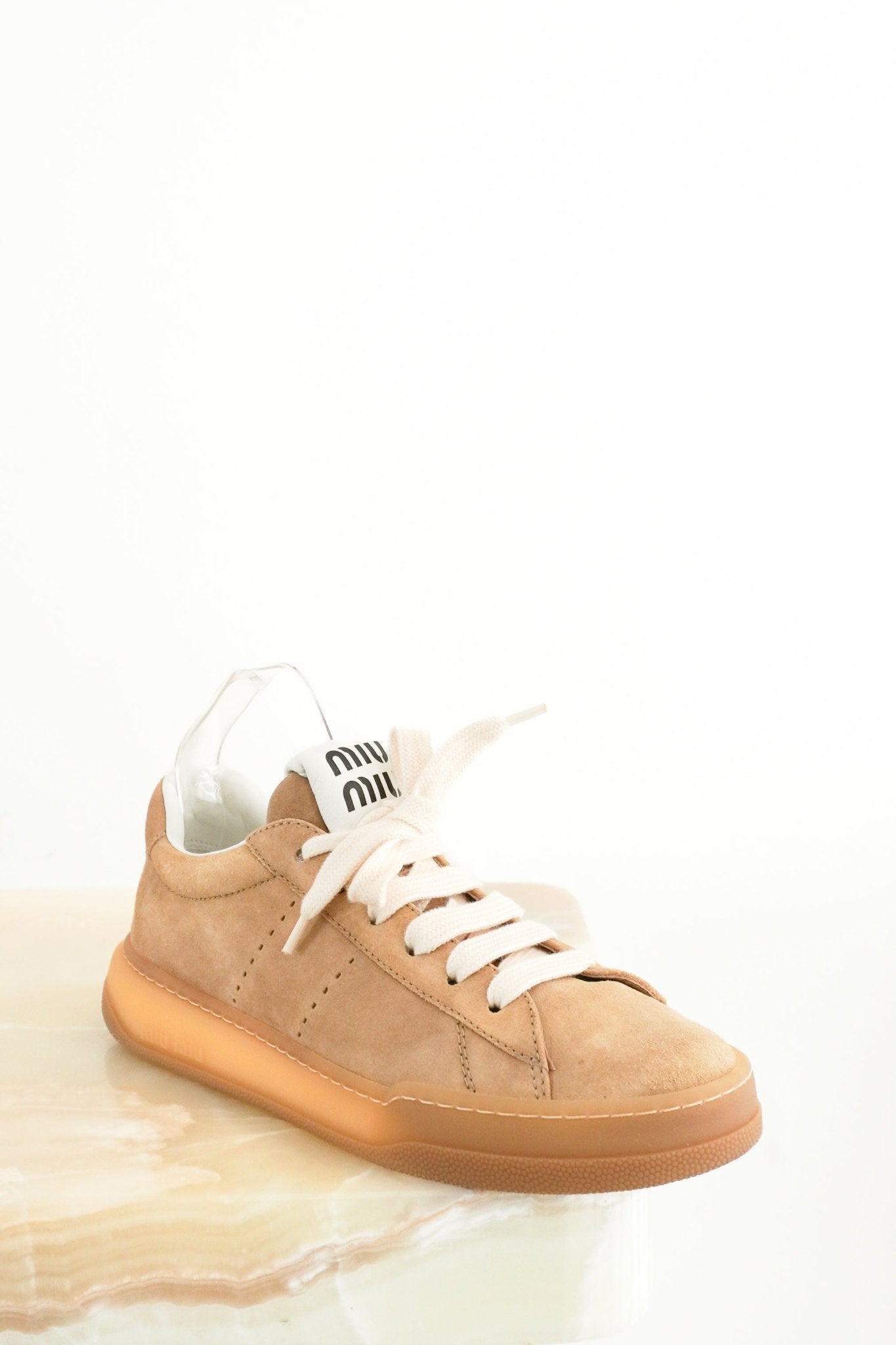 Miu Miu Plume Beige Suede Low-Top Sneakers front photo chelsea london