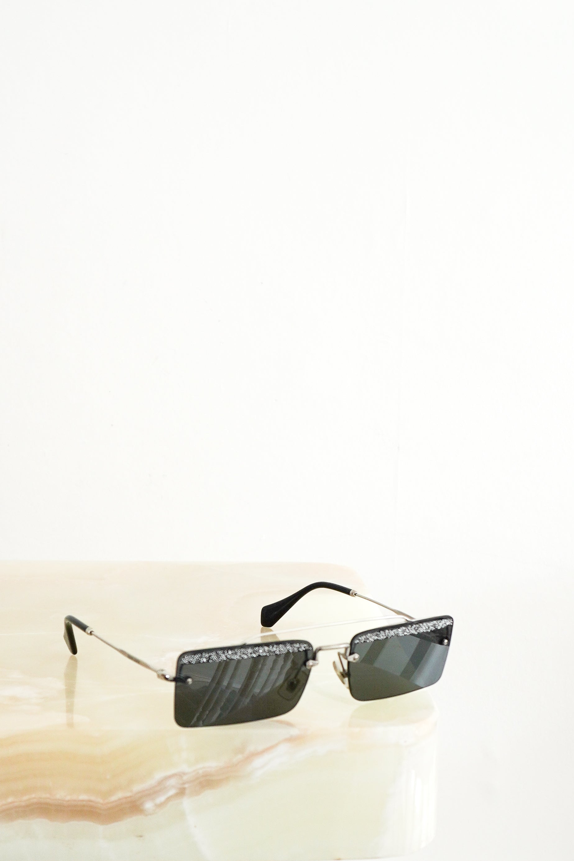 Miu Miu Société SMU 59T KJL-1A1 Crystal-Embellished Rectangular Sunglasses front photo chelsea london