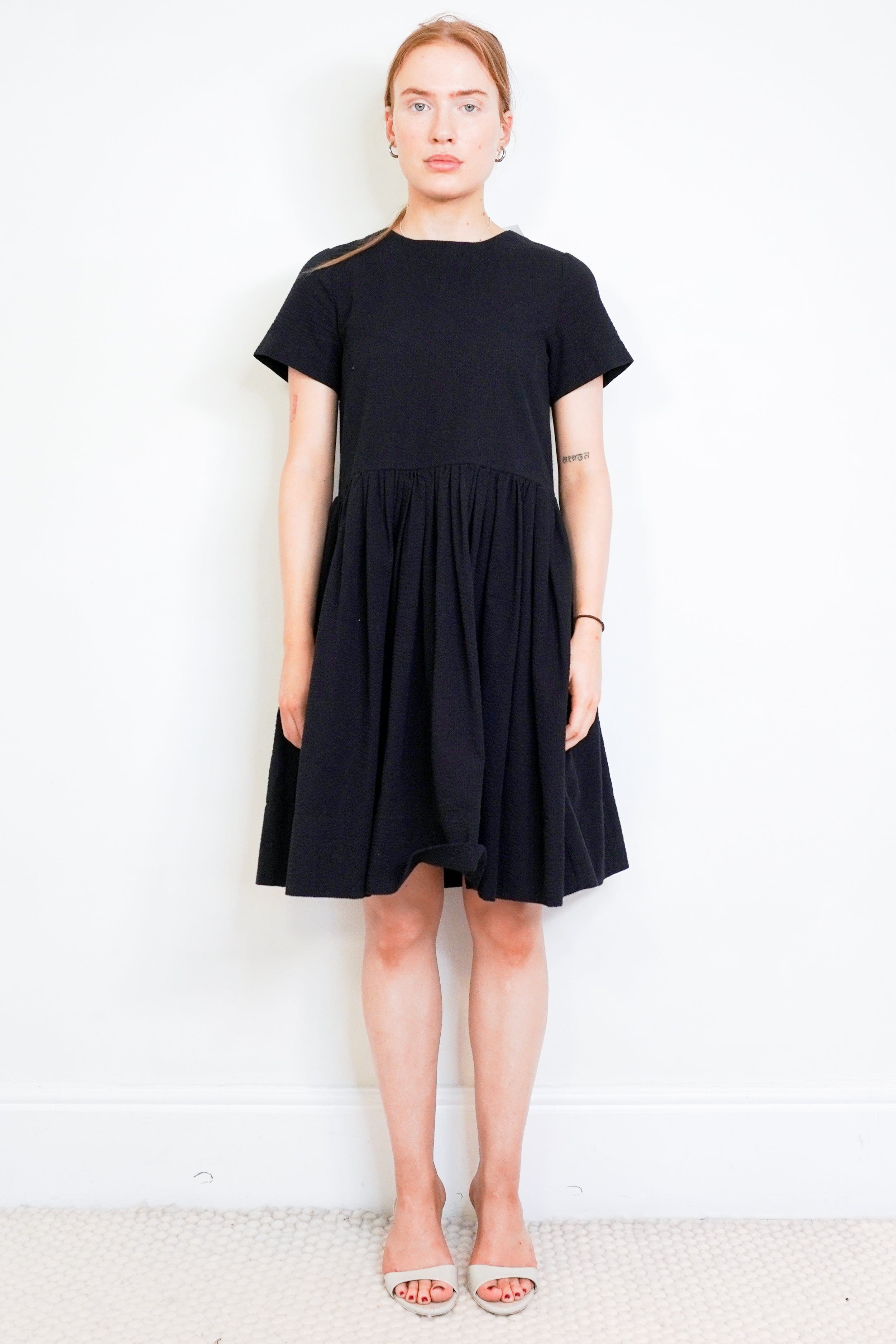 Molly Goddard Black Textured Seersucker Cotton-Blend Mini Dress front photo chelsea london
