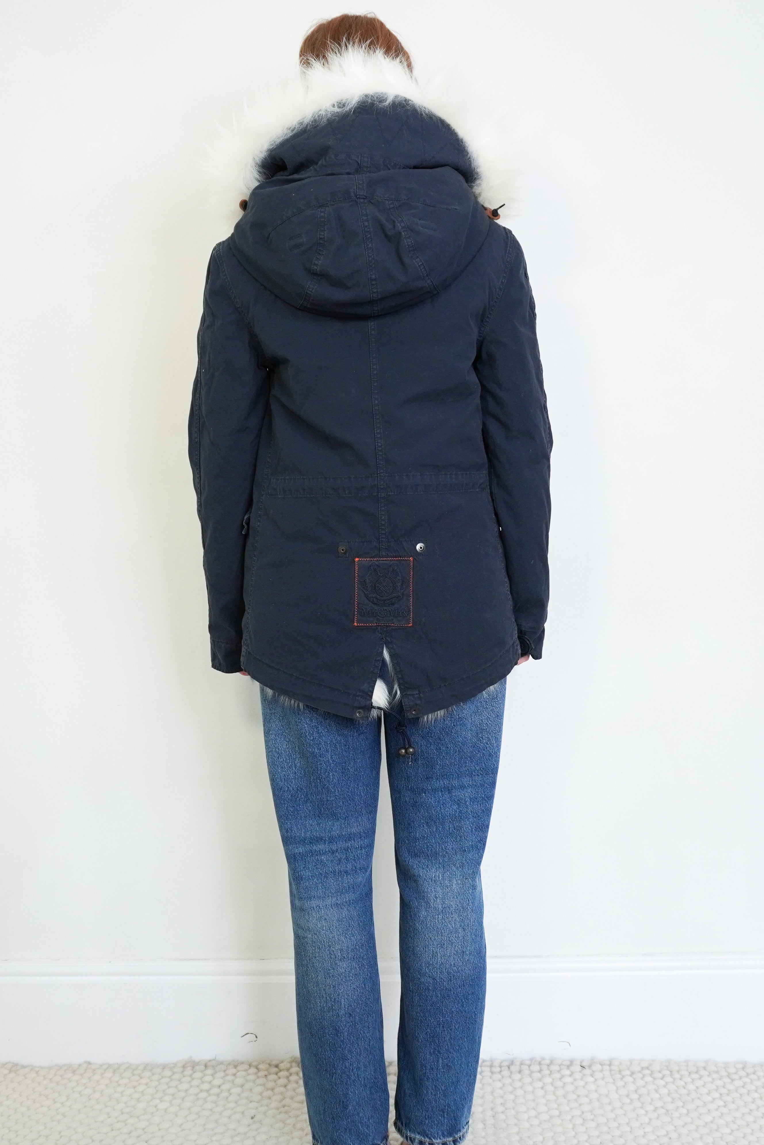 Mr & Mrs Italy Navy Cotton Canvas Fur-Lined Mini Parka with White Fur Hood back photo chelsea london