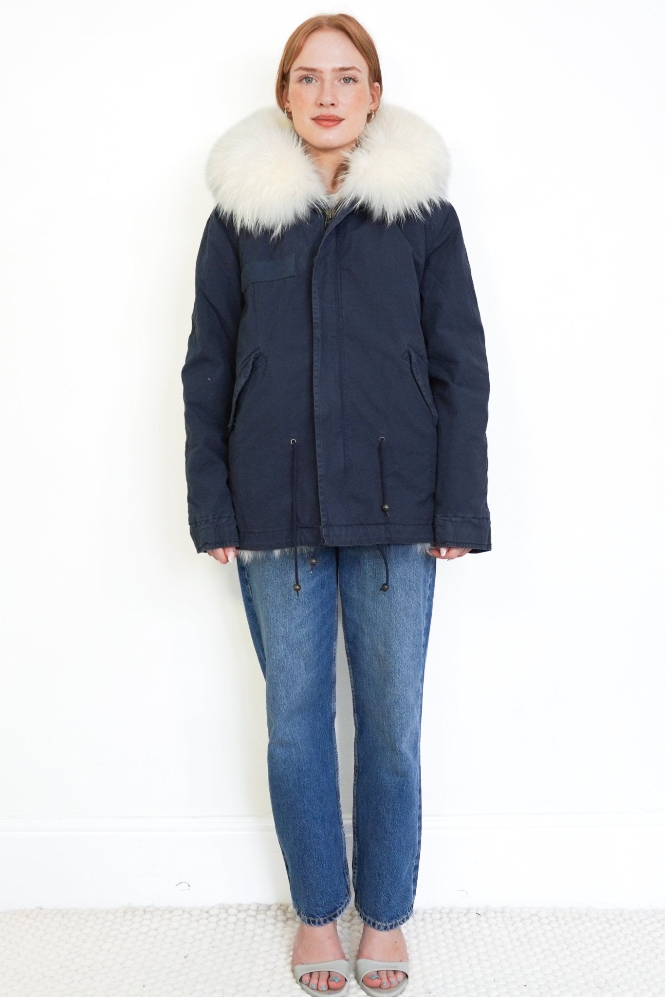 Mr & Mrs Italy Navy Cotton Canvas Fur-Lined Parka with White Fur Hood (RRP £1599) | Authentic Preloved - Reloved Again