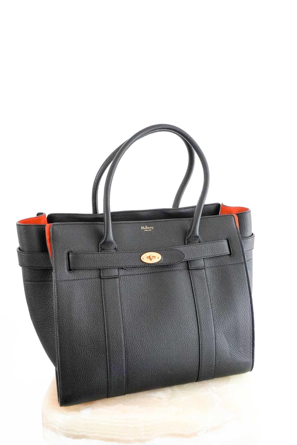 Mulberry Small Zipped Bayswater Black with Orange Suede front