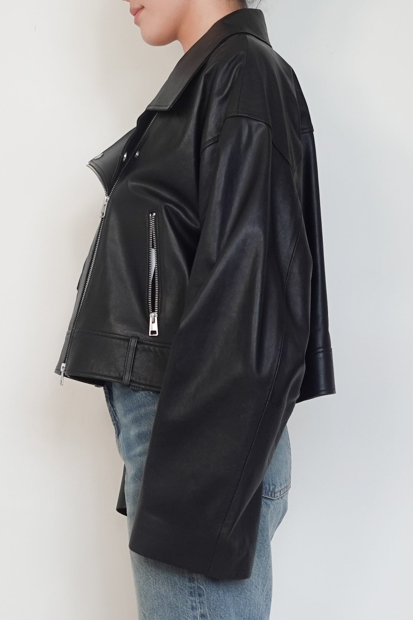 NEW COS Black Leather Biker Cropped Jacket RRP £350 | Authentic Preloved - Reloved Again
