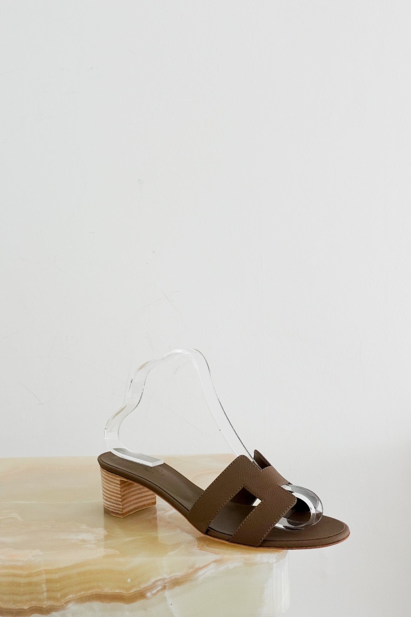 NEW Hermes Brown Oasis Calfskin Heeled Sandals in Etoupe RRP £650 | Authentic Preloved - Reloved Again