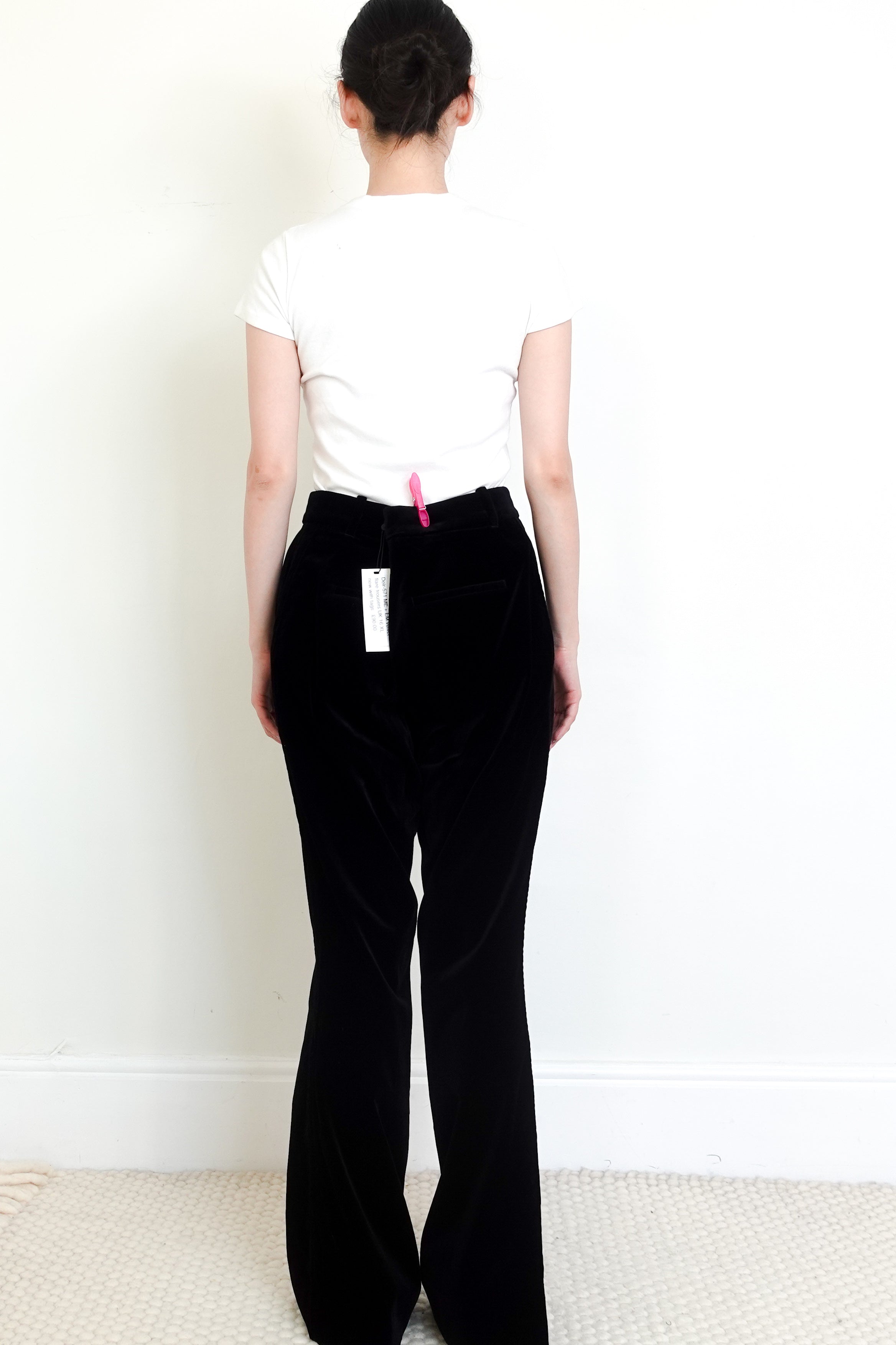 NEW-ME+EM-Black-Italian-Velvet-Flare-Trousers-back-picture-Chelsea-London