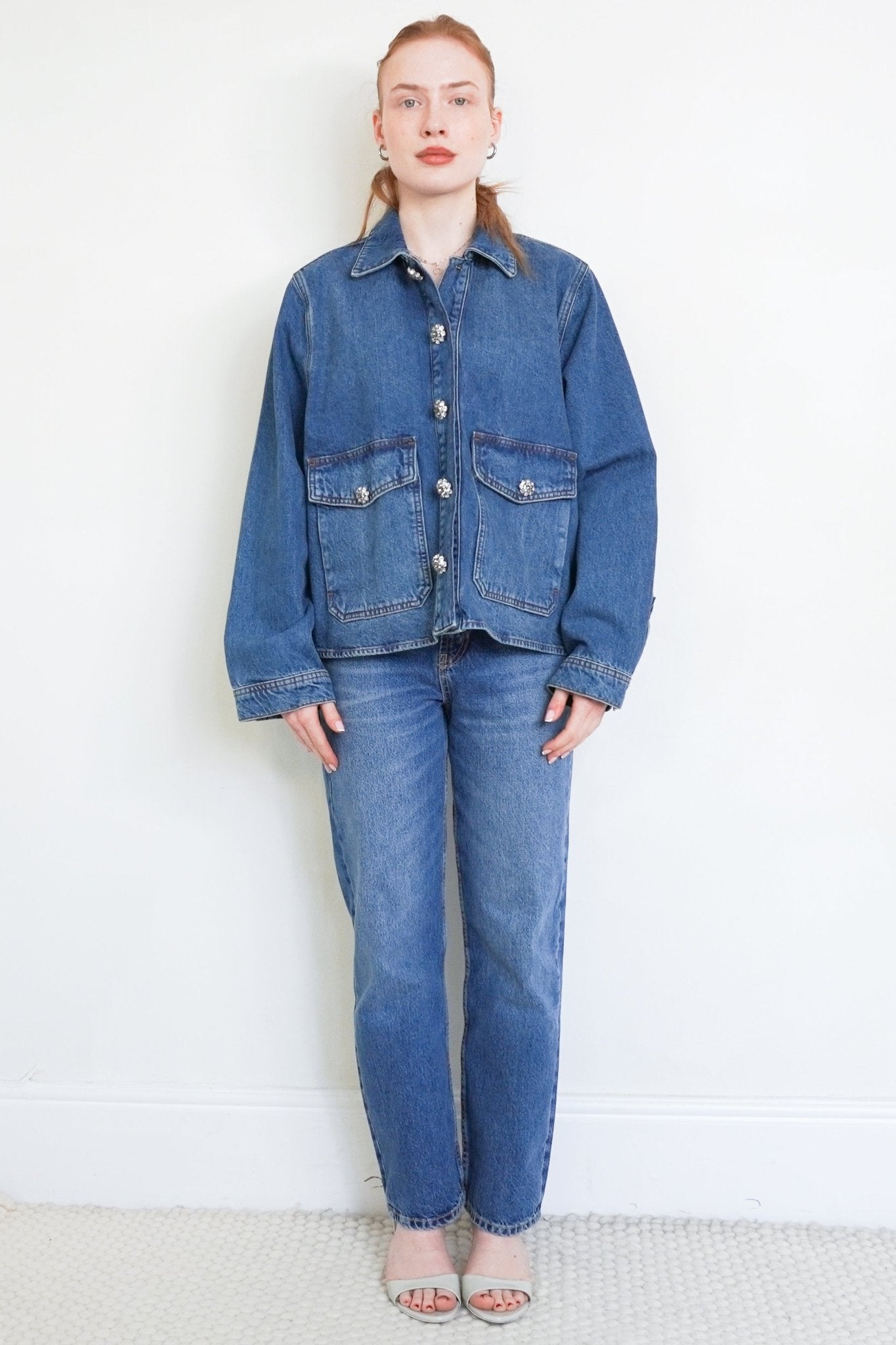 NEW ME+EM Blue Denim Pleated Jacket With Crystal Button RRP £250 | Authentic Preloved - Reloved Again