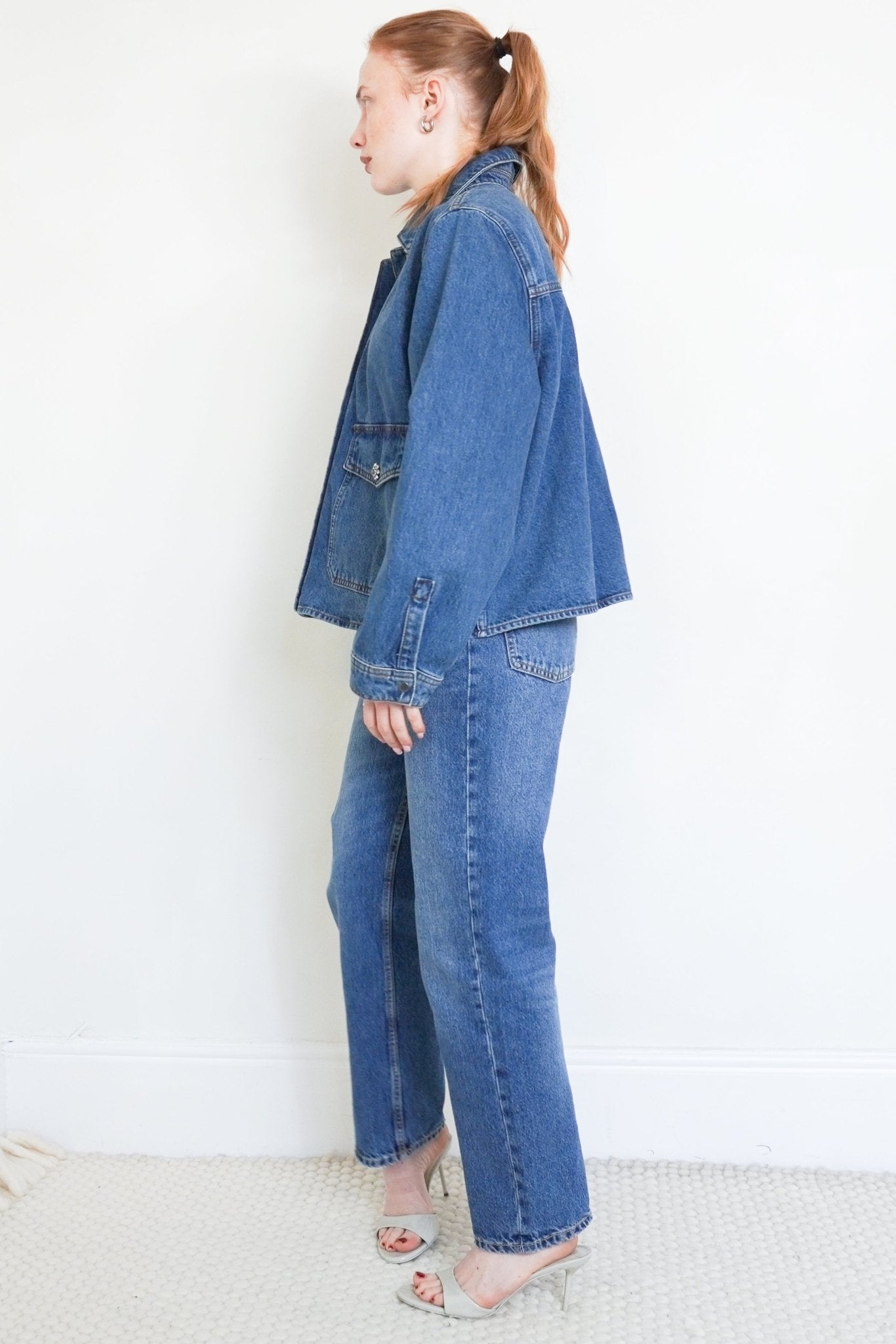 NEW ME+EM Blue Denim Pleated Jacket With Crystal Button RRP £250 | Authentic Preloved - Reloved Again