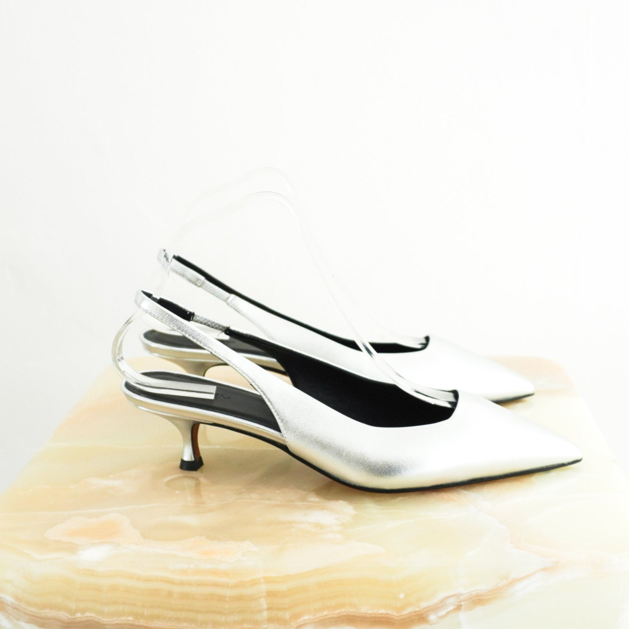 NEW ME+EM Silver Metallic Kitten Heels RRP £250 | Authentic Preloved - Reloved Again
