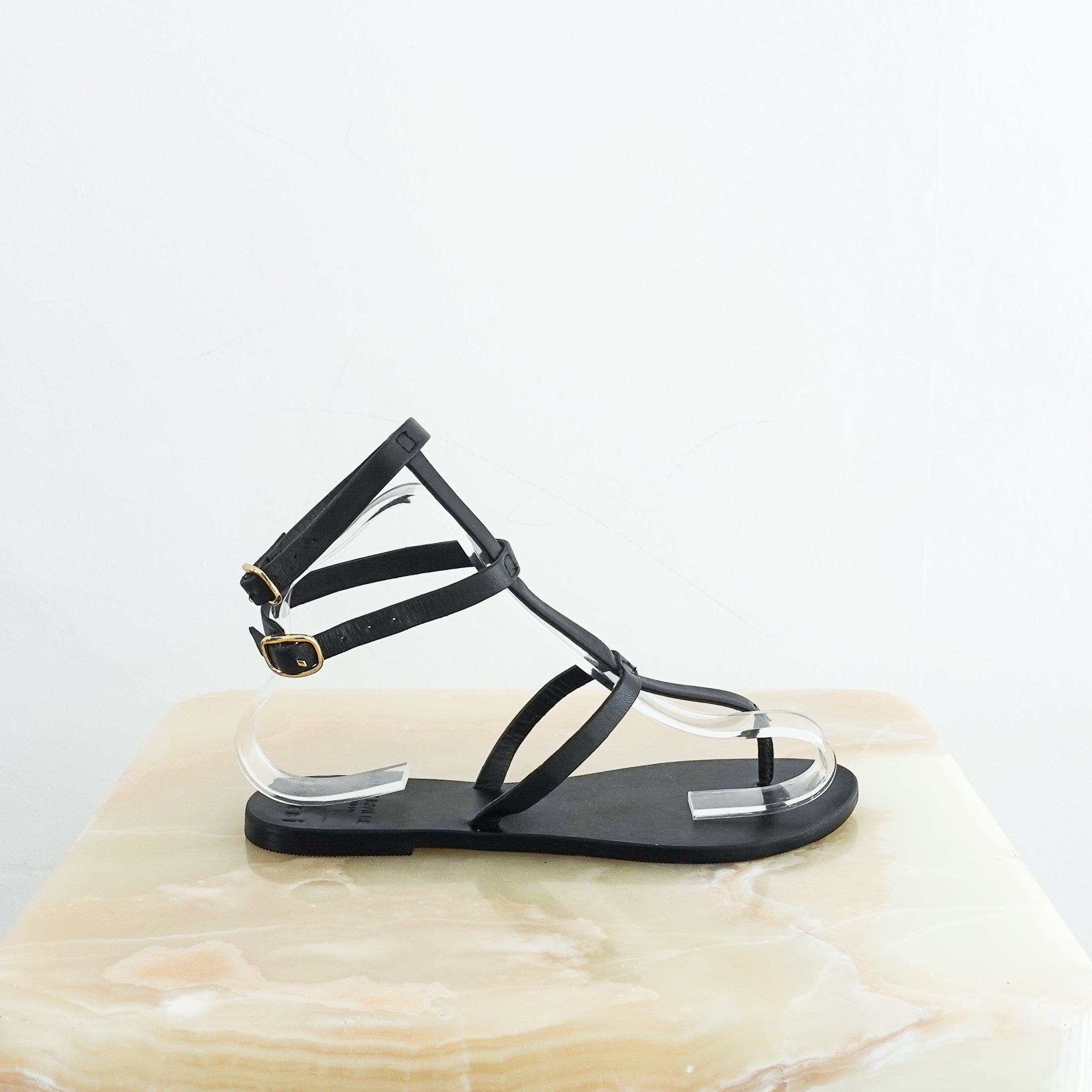 NEW-Manebi-Black-Leather-Gladiator-Style-Open-Toe-Sandals-side-picture