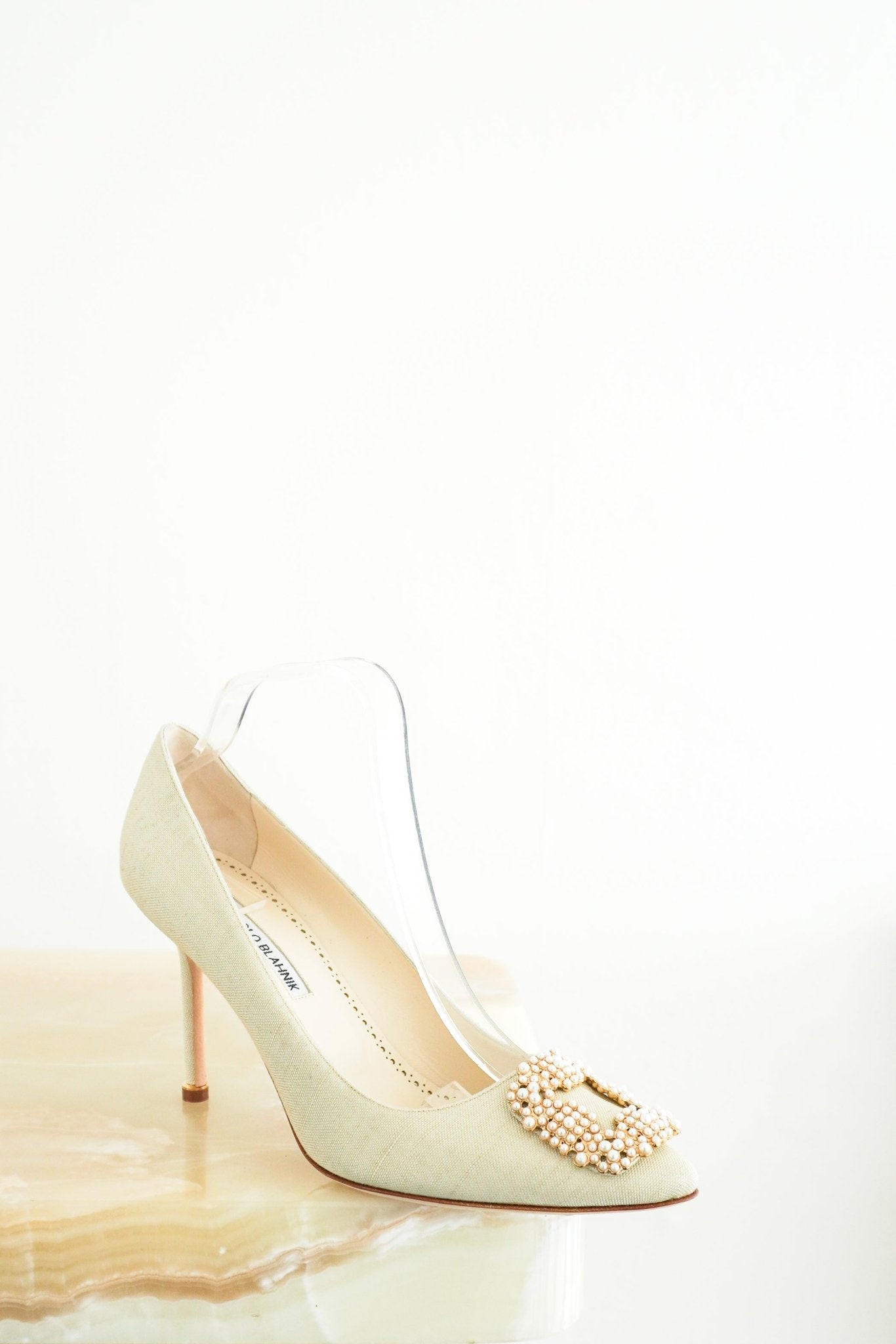 NEW Manolo Blahnik Linen Pearlised Hangisi Pumps RRP £1000 | Authentic Preloved - Reloved Again