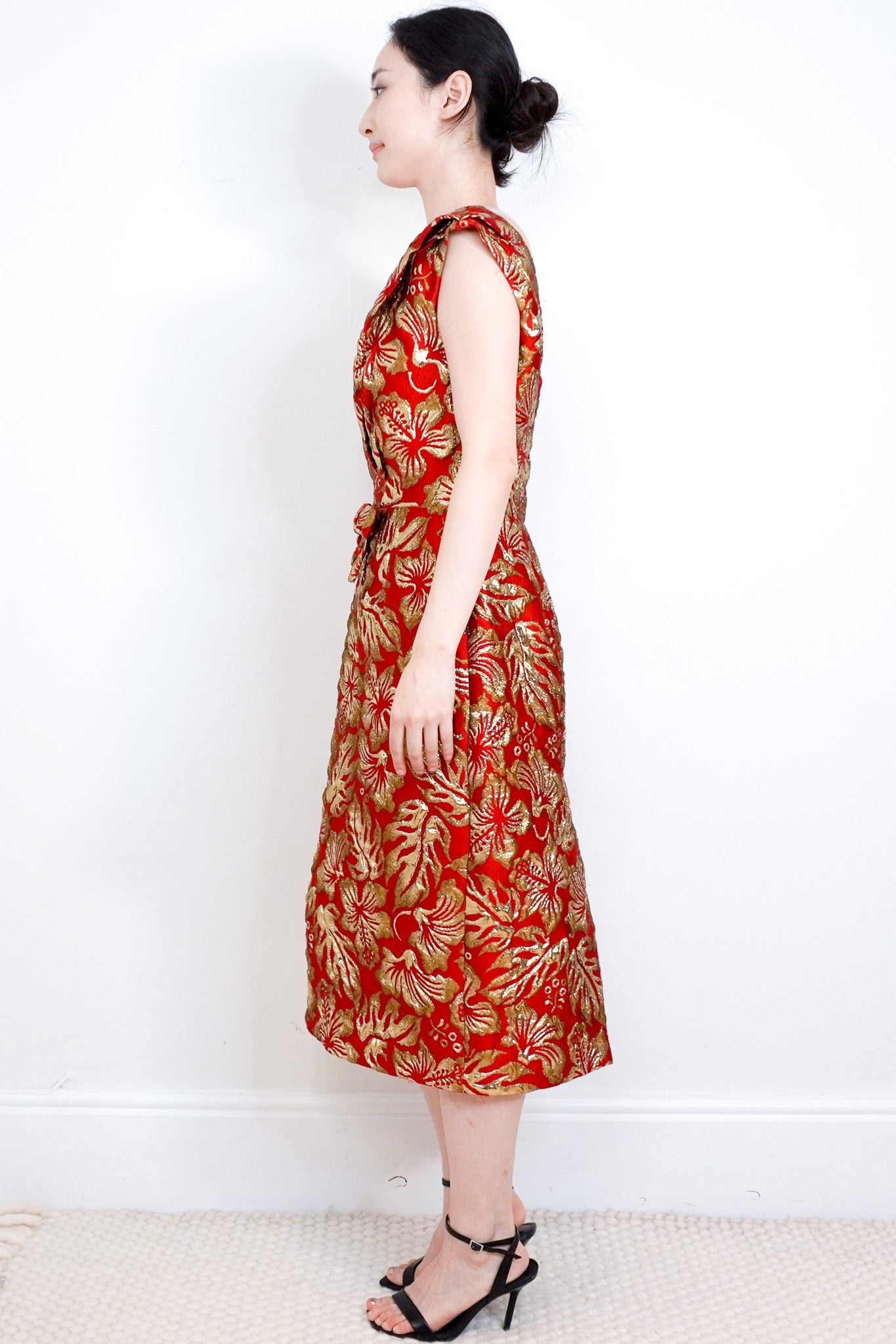 NEW-Prada-Red-and-Gold-Cloquet-Ibiscus-Jacquard-Dress-side-photo
