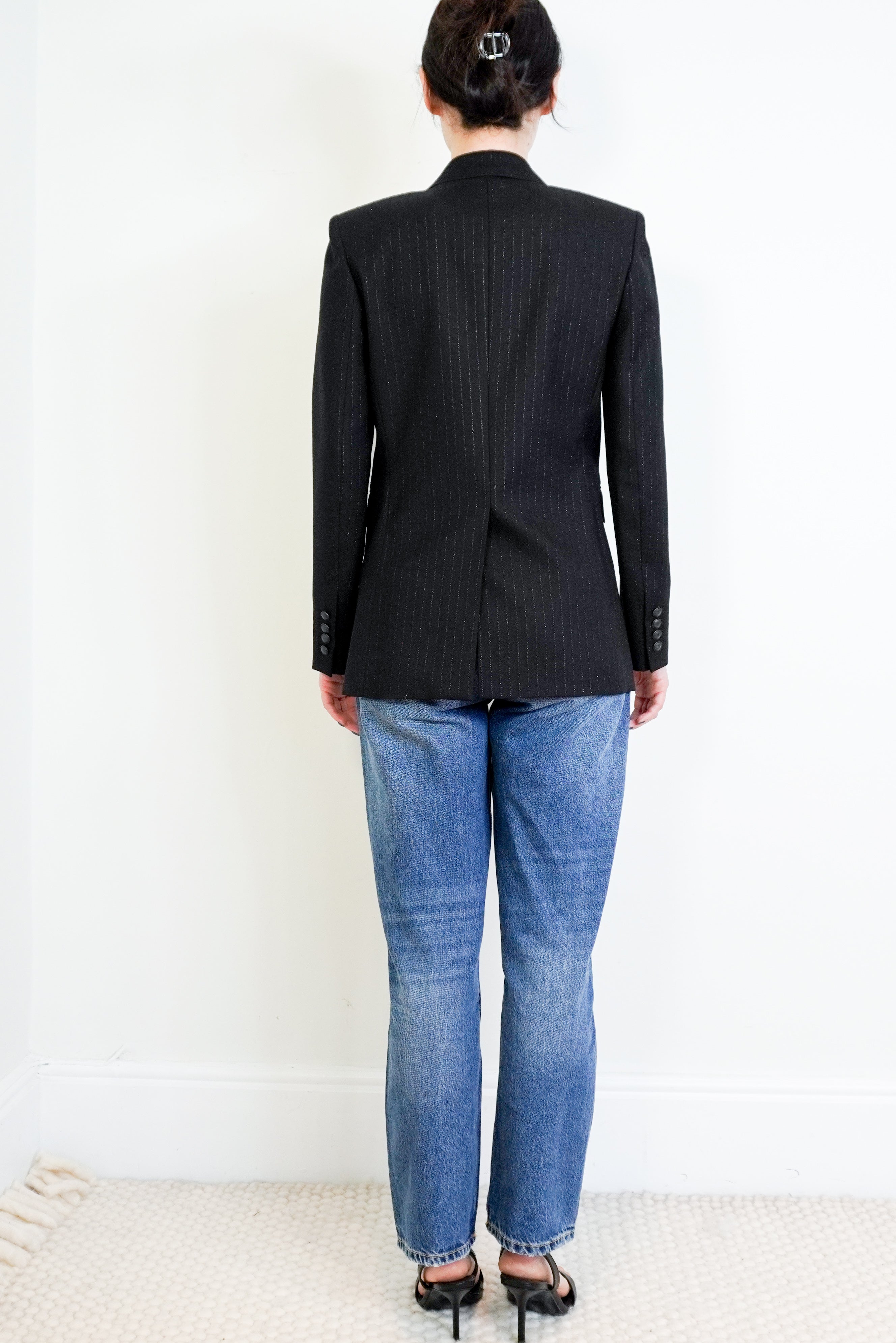 NEW-Saint-Laurent-Black-Glitter-Pinstripe-Blazer-back-picture-Chelsea-London